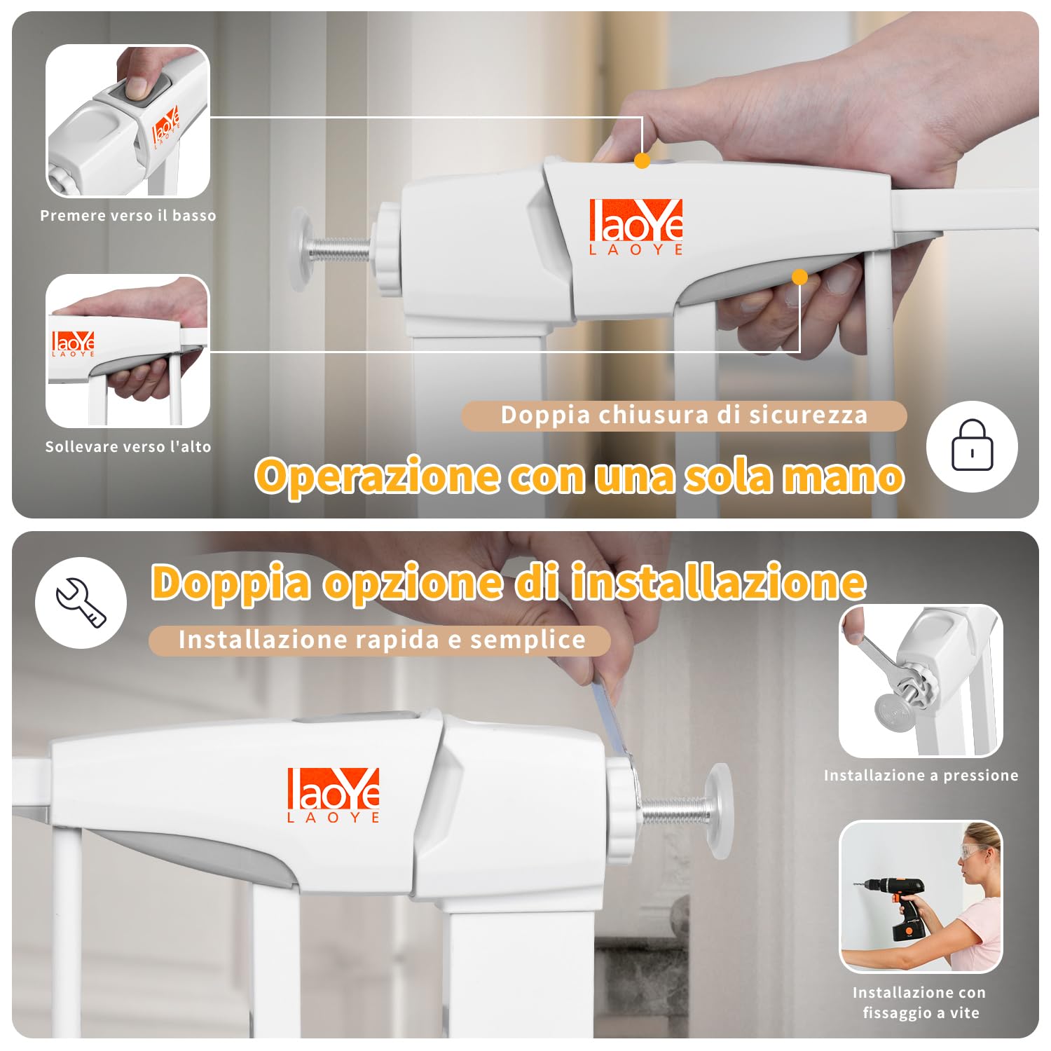 LAOYE cancelletto per bambini, Cancelletto per scale senza trapano, altezza extra alta 92 cm, larghezza 75-124 cm con 3 estensioni, per bambini, cani gatti, chiusura automatica arresto a 90°-Bianco