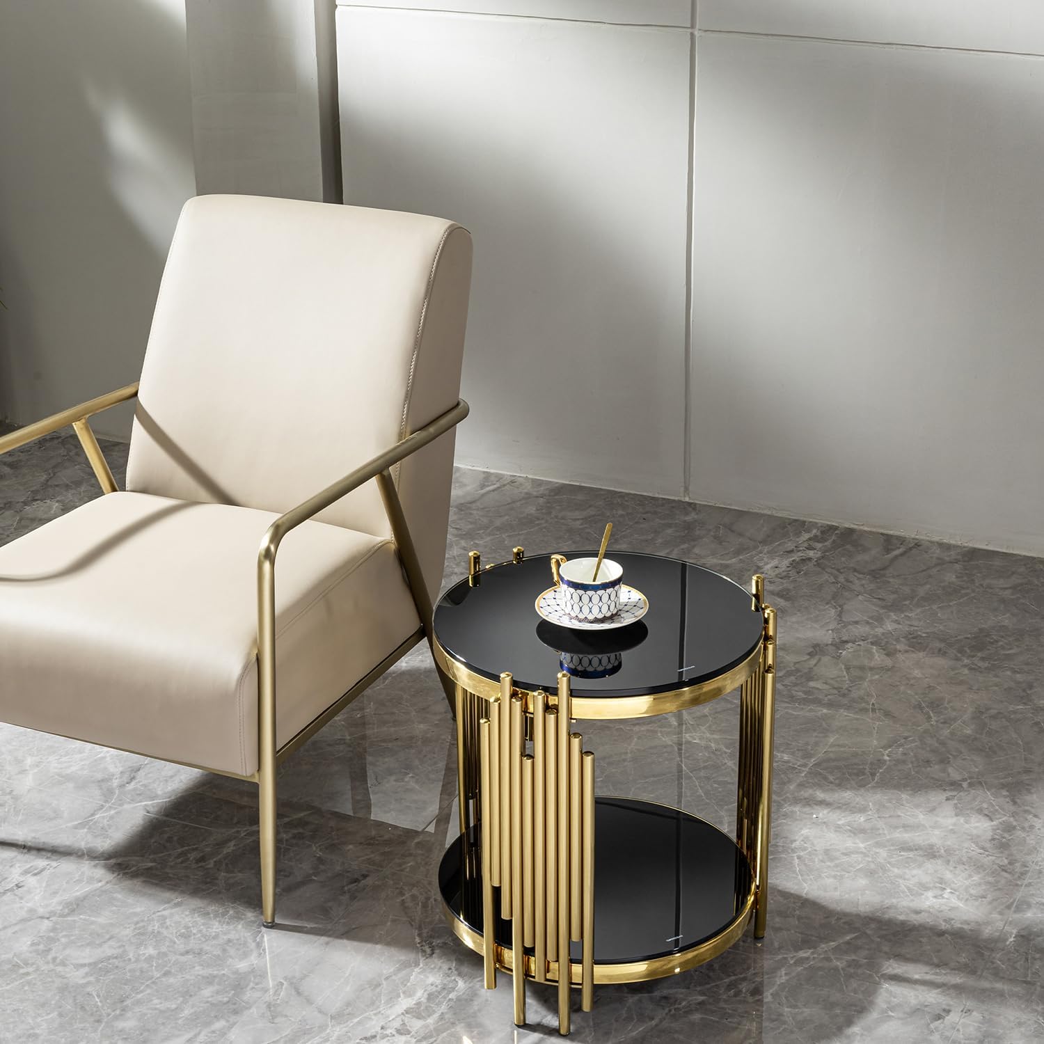 Magipa17.72 Round Sofa Side Table, End Table with 2-Tier Black Tempered Glass and Gold Stainless Steel Frame for Living Room, Office & Café