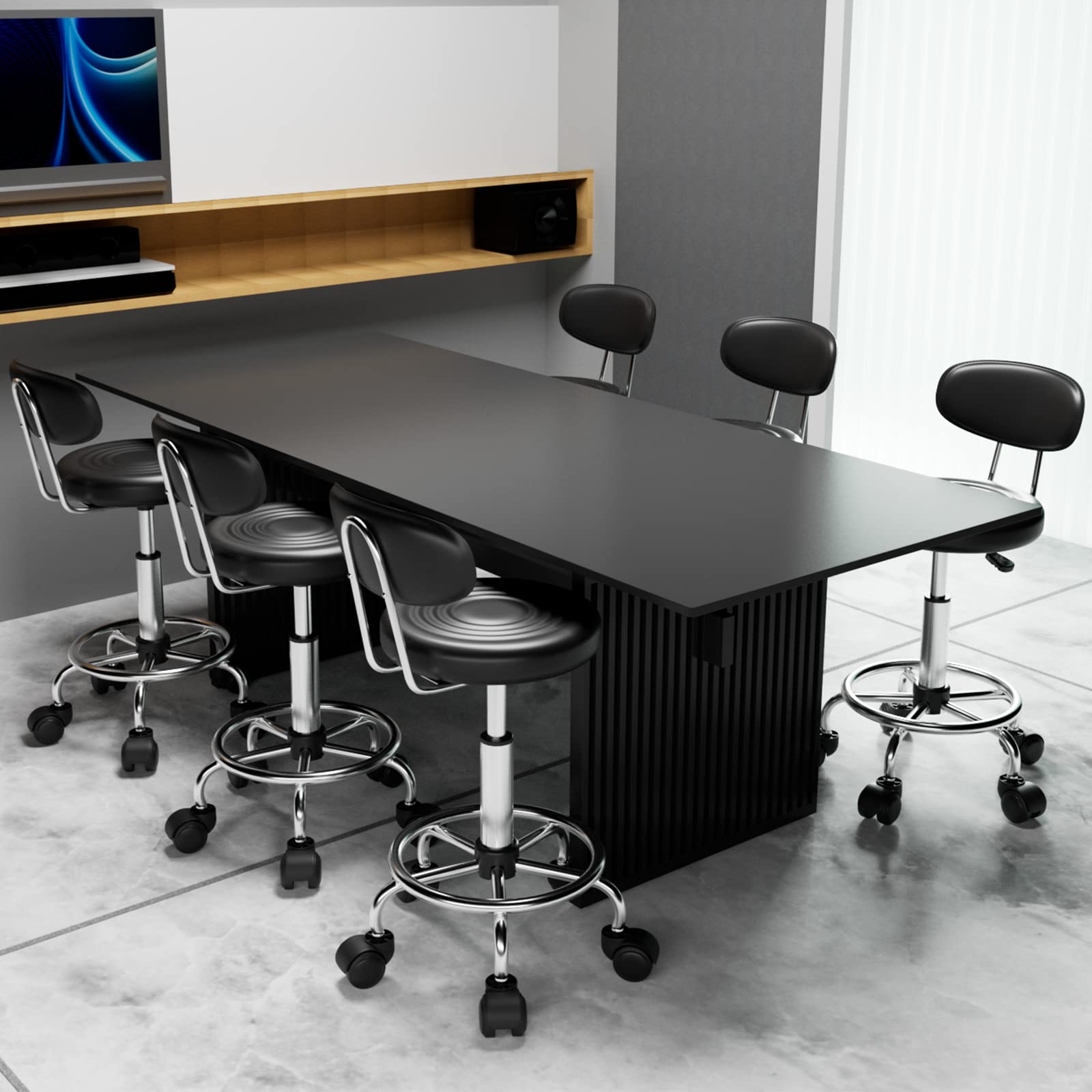 2X Taburete Giratorio con Ruedas, Silla Escritorio Altura Ajustable, Taburetes Altos de Cocina con Respaldo y Reposapiés, Acero Cromado, Sillas Bar, Silla Tocador Maquillaje, Silla Alta Negro
