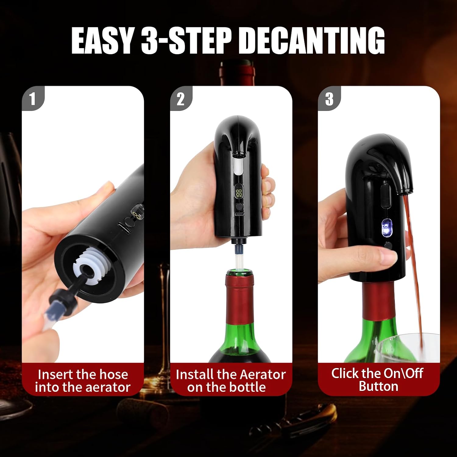 Electric Wine Aerator, Wine decanter with aerator, Electric wine dispenser, Wine aerator pourer spout, Automatic wine dispenser, Wine Decanter Pump, Wine Accessories Gifts for Wine Lovers（Black）