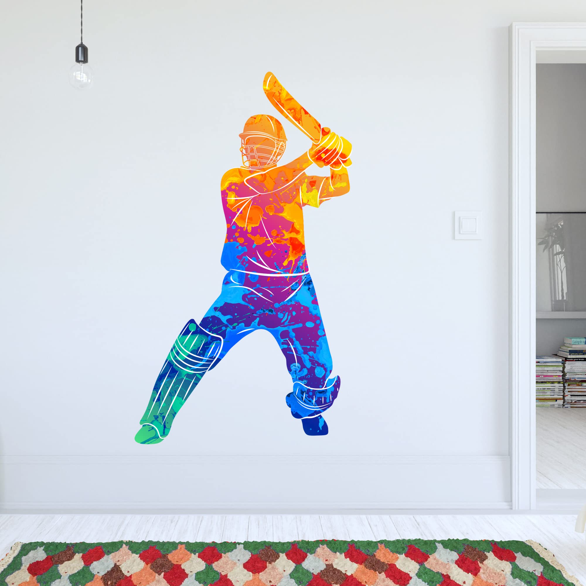 Cricket Wall Sticker - Multicolour Paint Splash Cricket Player Sports Wall Art (120cm Height x 60cm Width)