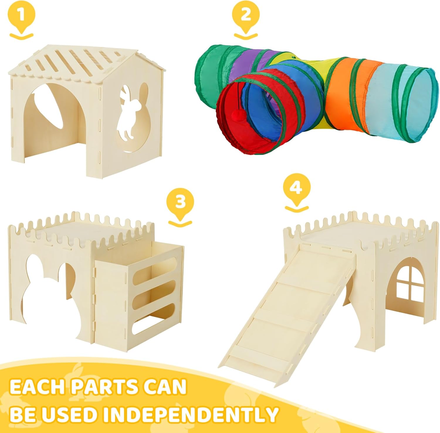 Extra Large Rabbit Hideout, Wooden Bunny Castle with Tunnel and Stair, Rabbit House Tower with Hay Feeder Sturdy Habitat for Guinea Pig Chinchilla Ferret Hamster