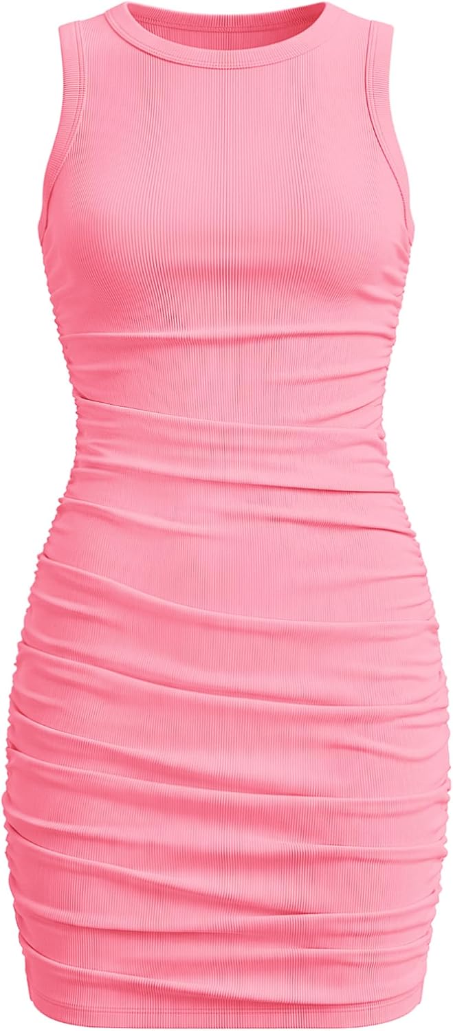 EXARUS Girls Ruched Dresses Bodycon Summer Teen Ribbed Sleeveless Mini | Cocktail Homecoming Dance Party Prom Formal Casual Teen Short Fitted Tank Crew Neck Strethy Tween Pencil For 8-14Y