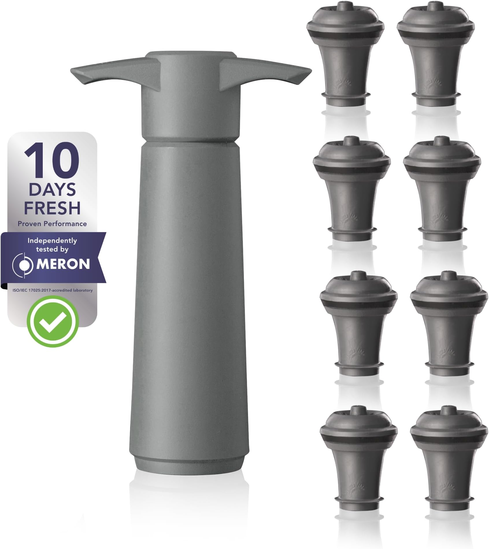 Vacu Vin Wine Saver Pump Gray with Vacuum Wine Stopper - Keep Your Wine Fresh for up to 10 Days - 1 Pump 8 Stoppers - Reusable - Made in the Netherlands