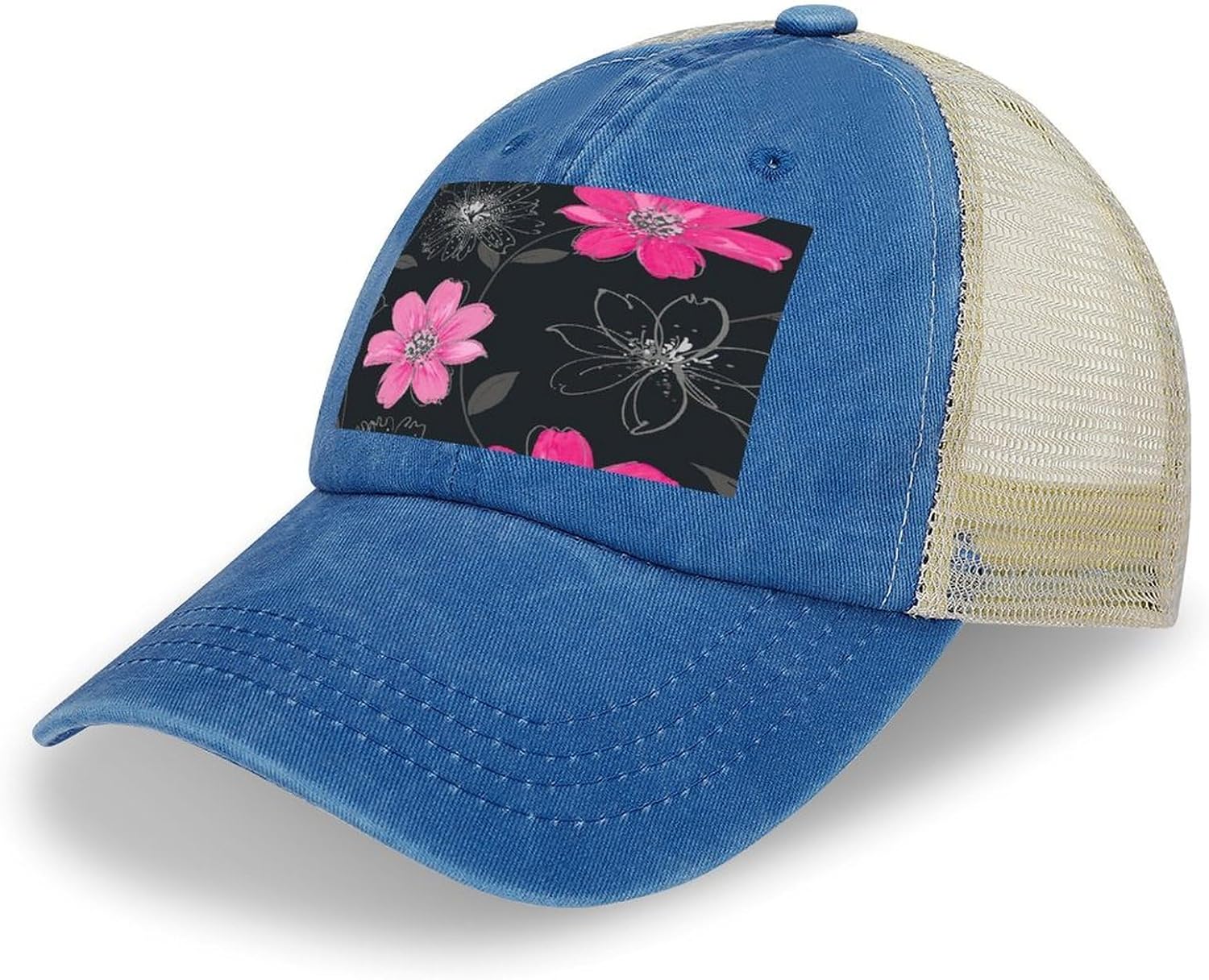 Pink and Black Flower Hat Personalized Adjustable Cowboy Cap Cotton Cap Trucker Hats Dad Hat for Men Women
