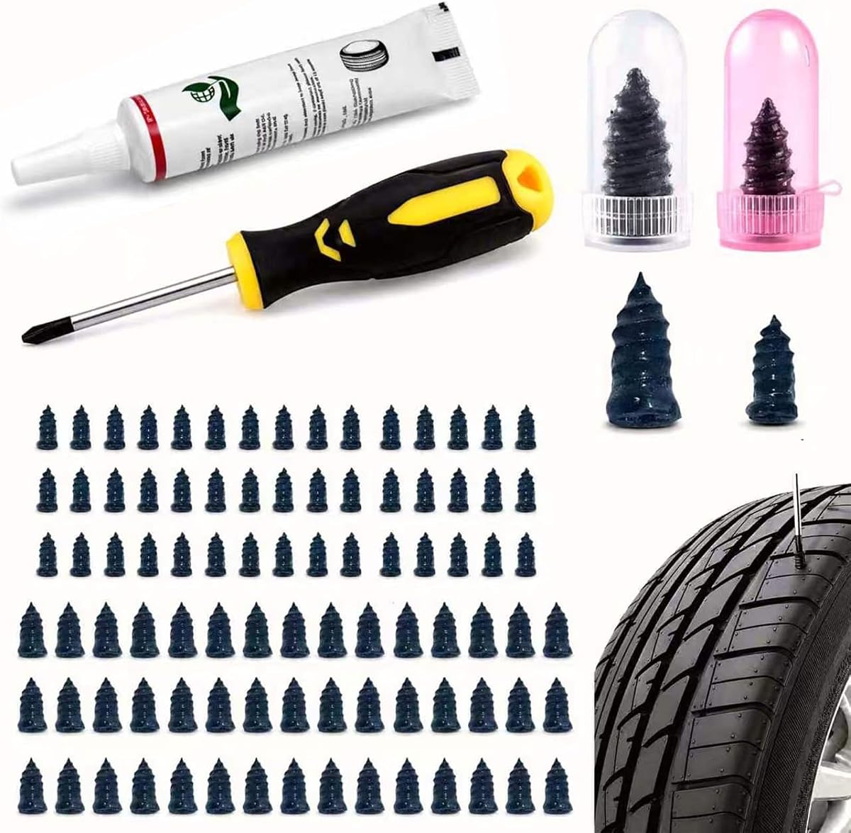 90 PCS Tire Repair Screws with Ergonomic Screwdriver & Sealant, 2026 New Heavy Duty Screw Tire Plug Kit，Flat Tire Repair Kit for Tubeless Tires on Cars, SUVs, Motorcycles, Trucks, ATVs & E-Bikes