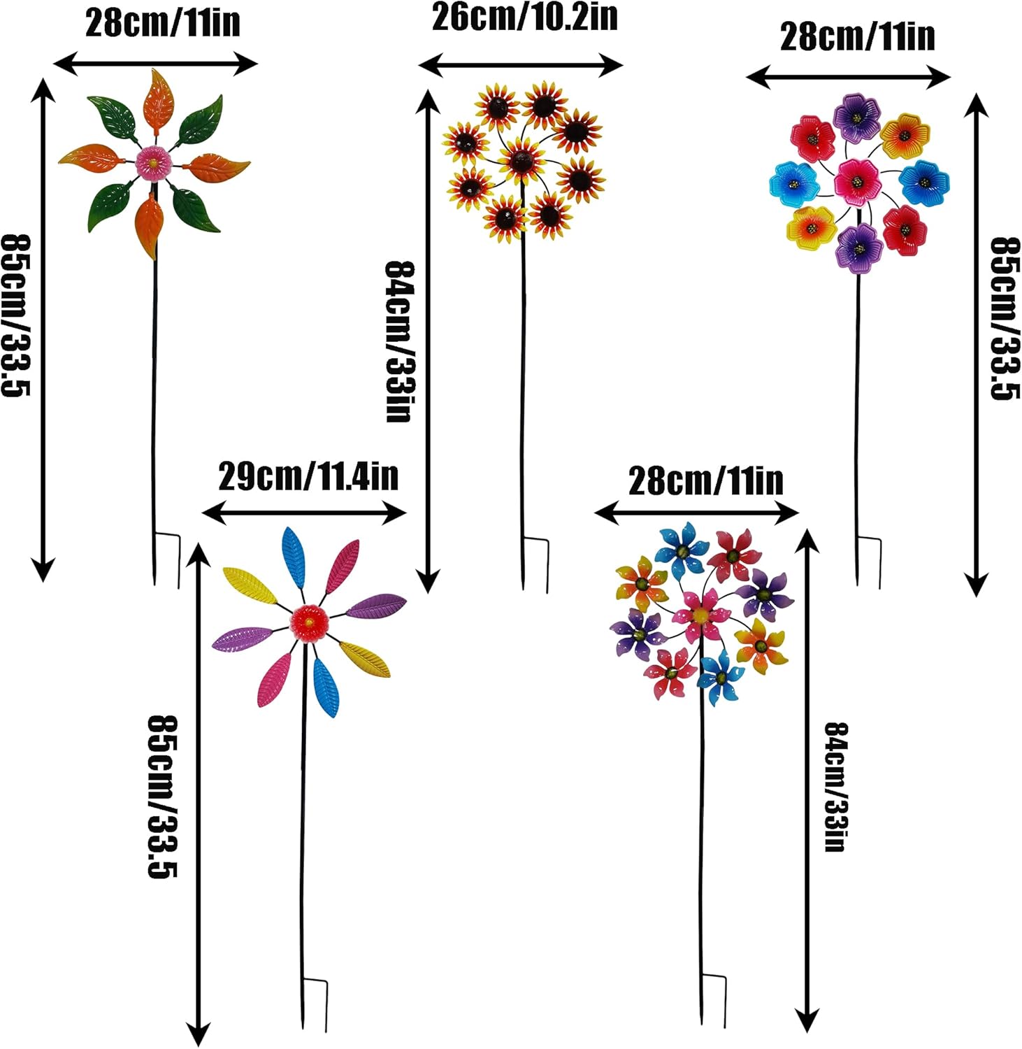 屋外用金属製回転ウィンドスピナー、ダイナミックフラワー風車ガーデンカラーホイール、メタルポスト付き、パティオ、芝生、庭、サイズ33.