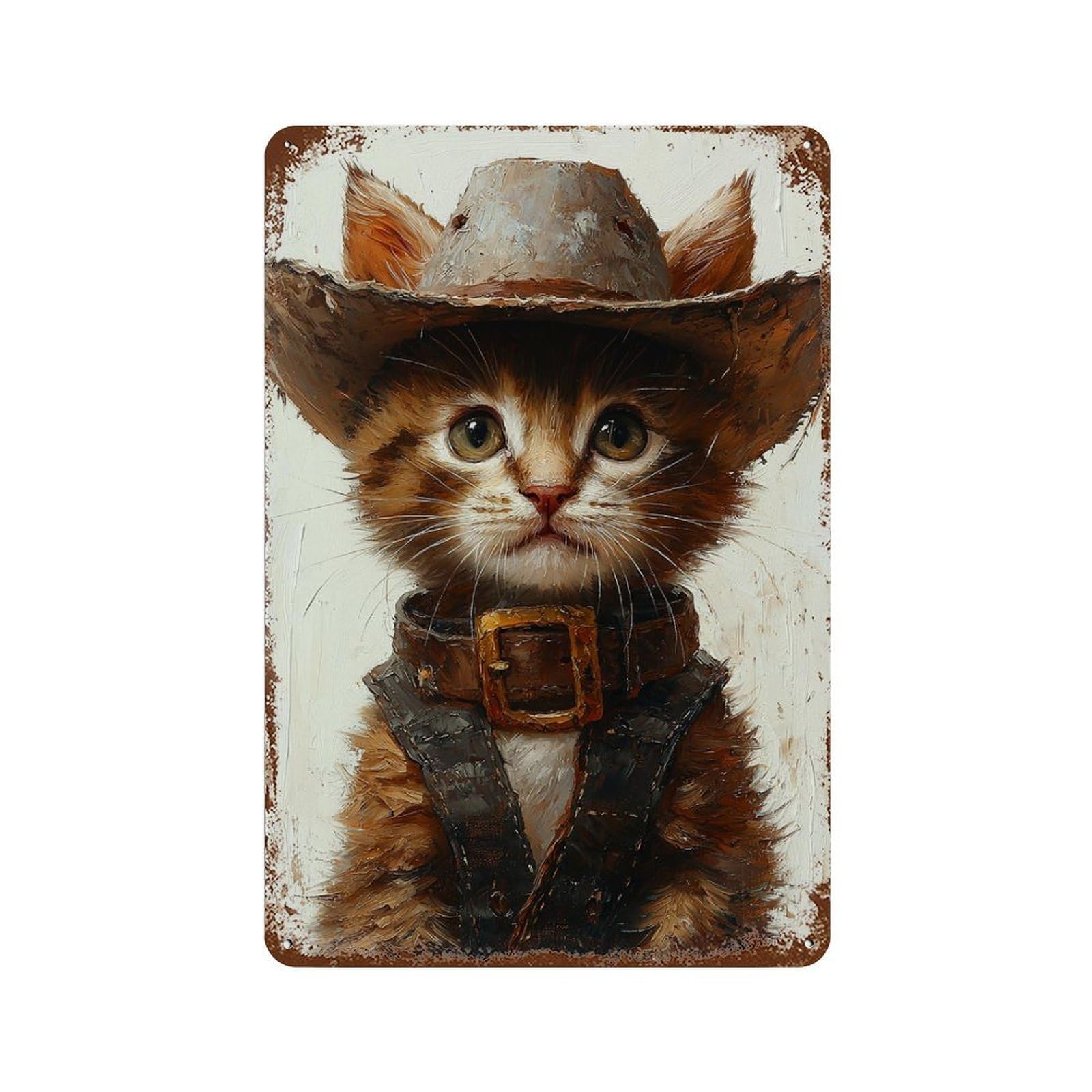 Garage Style Western Kitten Cowboy Hat Vintage Rust Metal Sign 11.8"x7.9", Novelty Wall Decor for Bar And Workshop