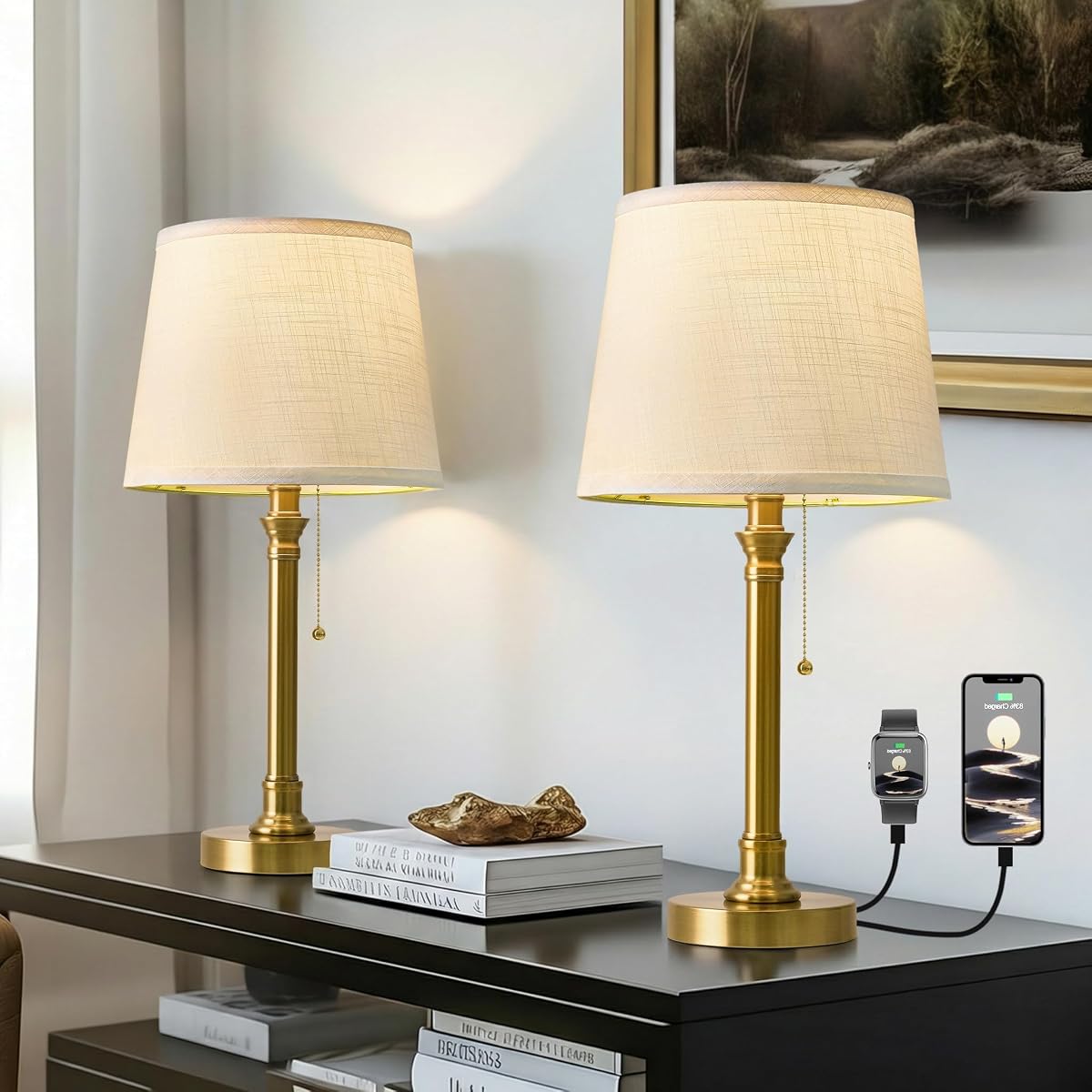 Oneach 19.5 Gold Table Lamp Set of 2 Small Bedside Table Lamps with USB A+C