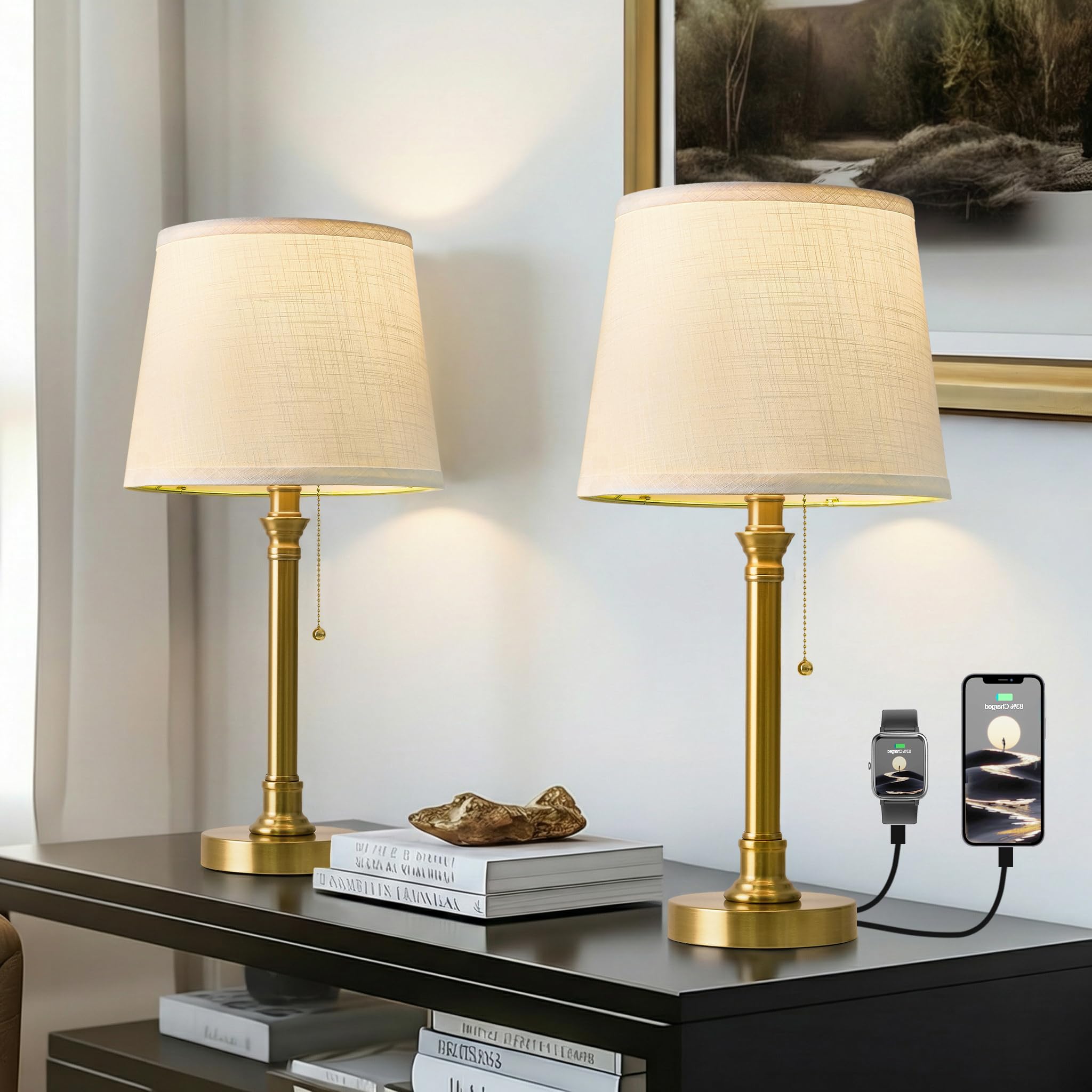 Photo 1 of Oneach 19.5" Gold Table Lamp Set of 2, Small Bedside Table Lamps with USB A+C Charging Ports, Pull Chain Switch, Brass Modern Nightstand Lamps for Living Room, Bedroom, Nursery
