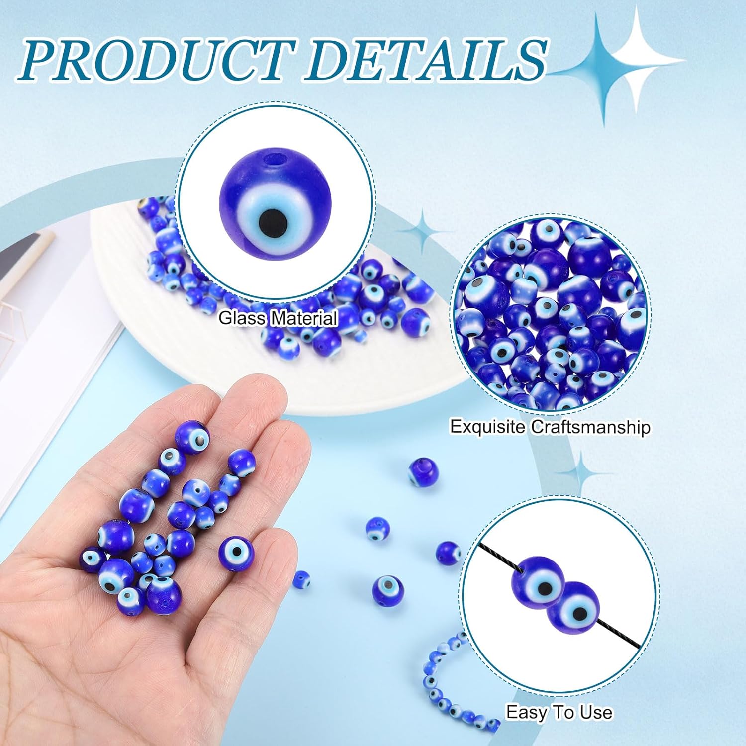 MECCANIXITY 230 Pcs Round Evil Eye Beads, Glass Turkish Evil Eye Charm Handmade Lampworking Spacer Beads for DIY Craft Bracelet Necklace Earring Making (4-10mm, Dark Blue)