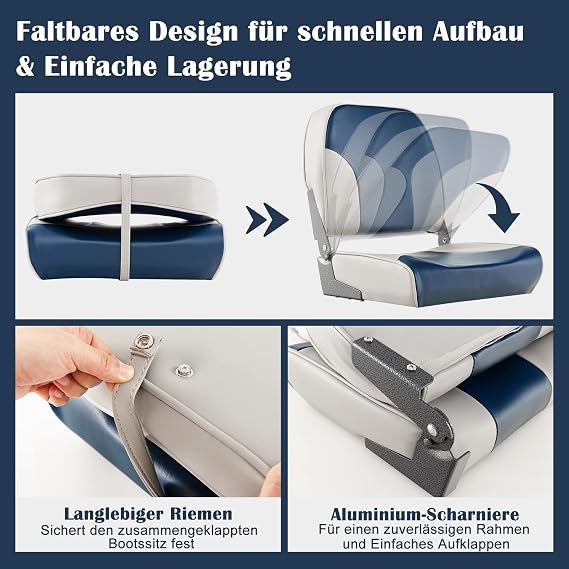 COSTWAY Set of 2 Folding Boat Seats Boat Chairs with 12 cm Thick Sponge Padding Padded Steering Chair Blue/Beige/Grey 49 x 41 x 47 cm