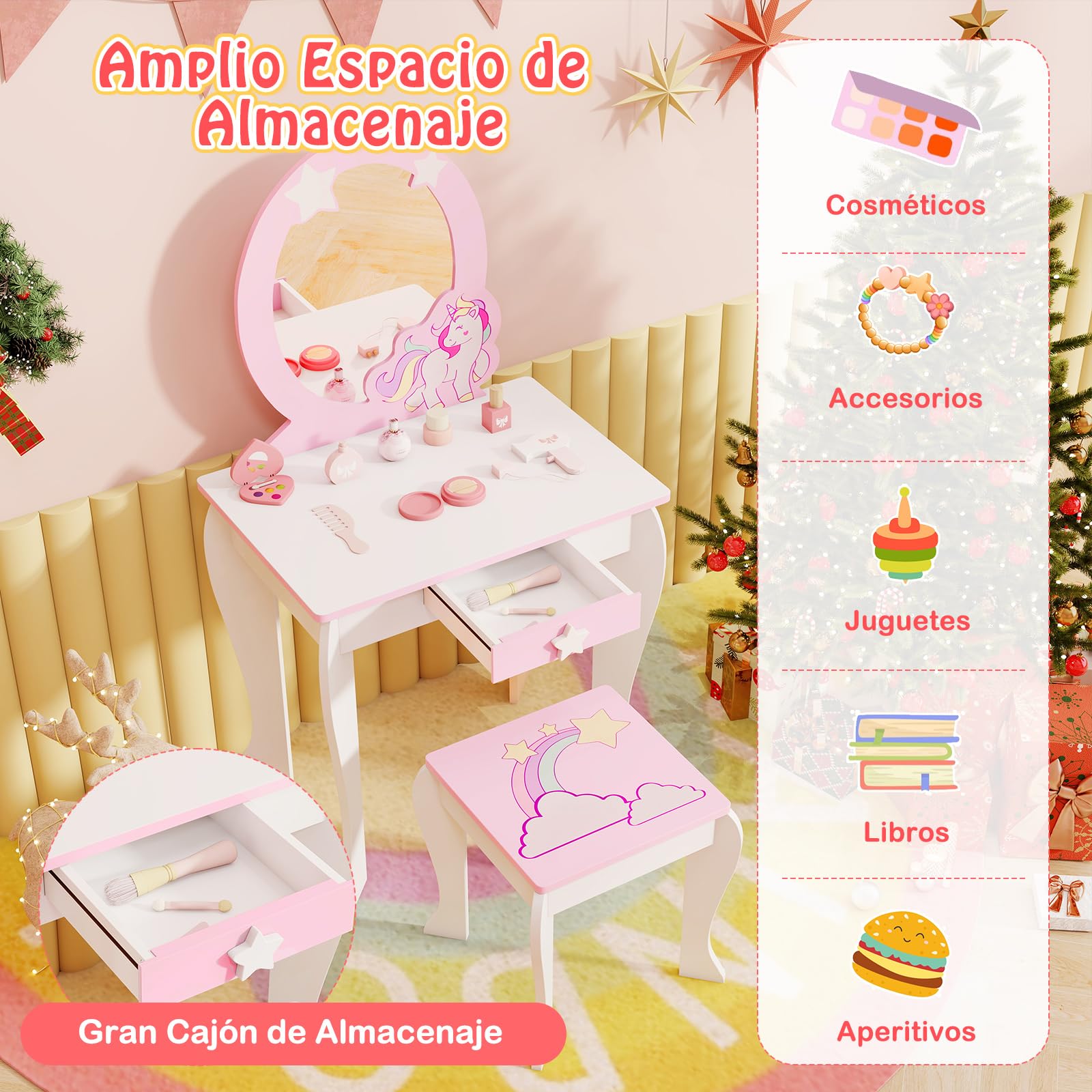 COSTWAY Mesa de Maquillaje con Taburete y Espejo para Niña, Tocador Princesa de Madera con Cajón, para Niñas de 3-7 Años (Blanco)