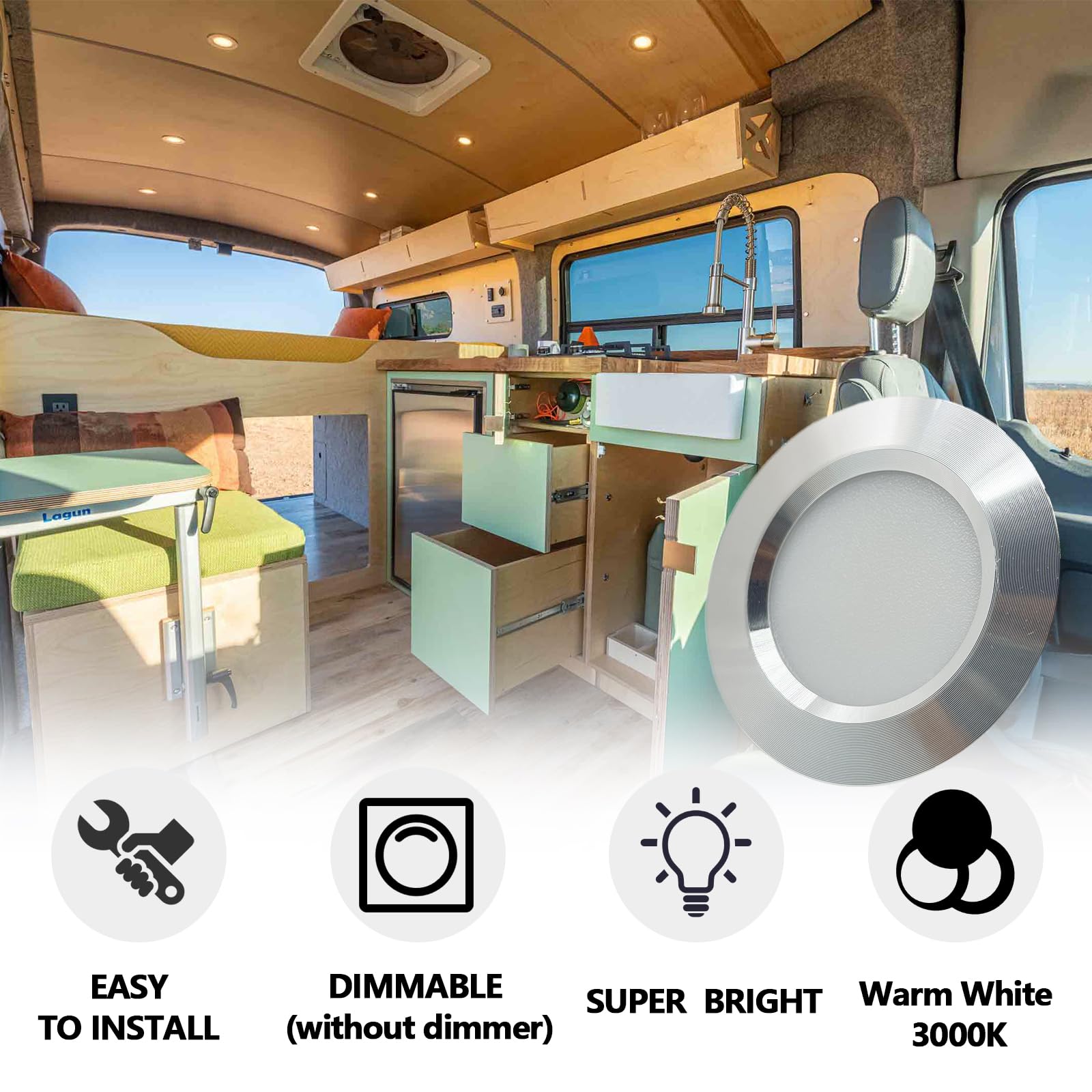 12V Campervan Encastré LED Mont Plafond Lumières Dimmable Lumières Tache 3W 3000K Lumière Chaude Pour T4 T5 Caravane Bateau Yacht Caravane Cabine Sous CRI 92+ 8 Pièces Argenté