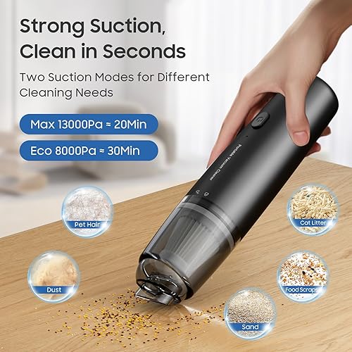 Miniatura 3 de Aspiradora de mano inalámbrica, aspiradora portátil con filtro HEPA, 2 modos de succión, mini aspiradora de mano recargable para automóvil, hogar,