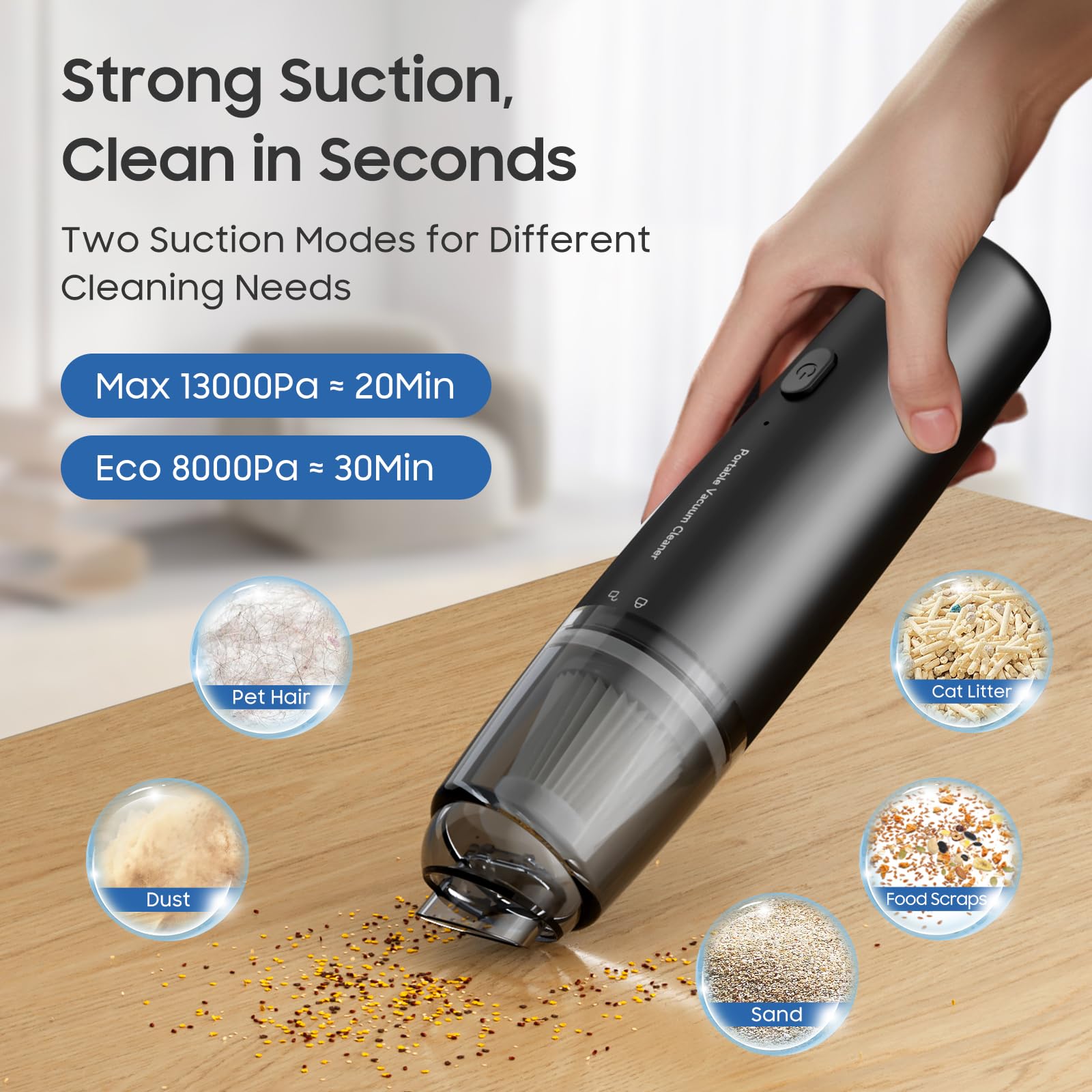 Handheld Vacuum Cordless, Car Vacuum Cleaner Portable with HEPA Filter, 2 Suction Modes, Mini Hand Held Vacuum Rechargeable for Car, Home, Pet Hair, Office, Desk, Keyboards (Black)