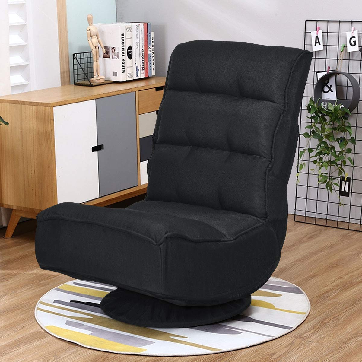 RELAX4LIFE Bodenstuhl mit 360° drehbarem Sockel, Bodensessel mit 5 winkelverstellbarer Rückenlehne 90°-135°, klappbarer Relaxsessel, bis 120kg belastbar, Lazy Sofa für Wohnzimmer und Büro (Schwarz)