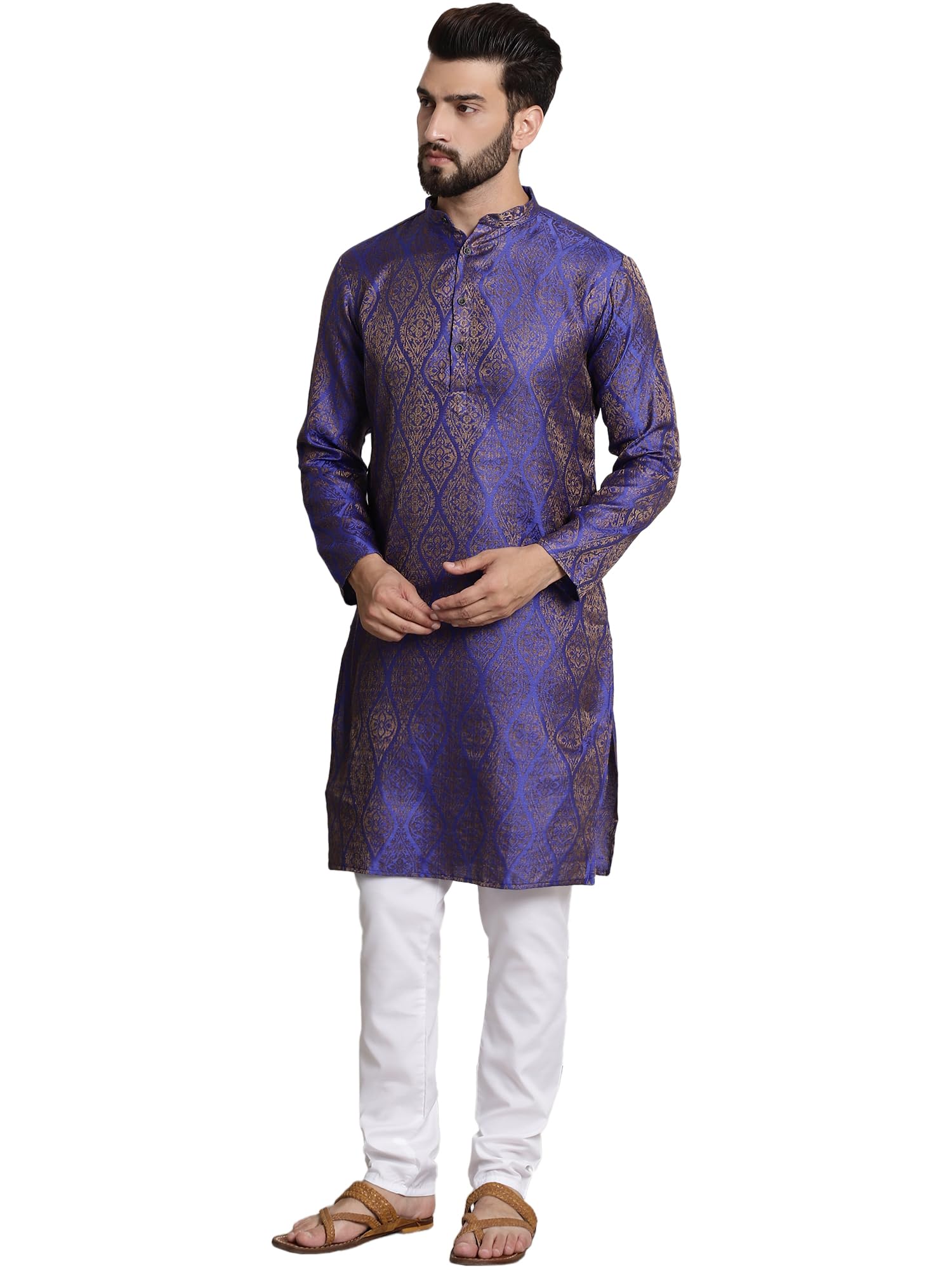 Sojanya (Since 1958 Men's Silk Blend Blue Self Design Kurta And White Churidar Pyjama Set