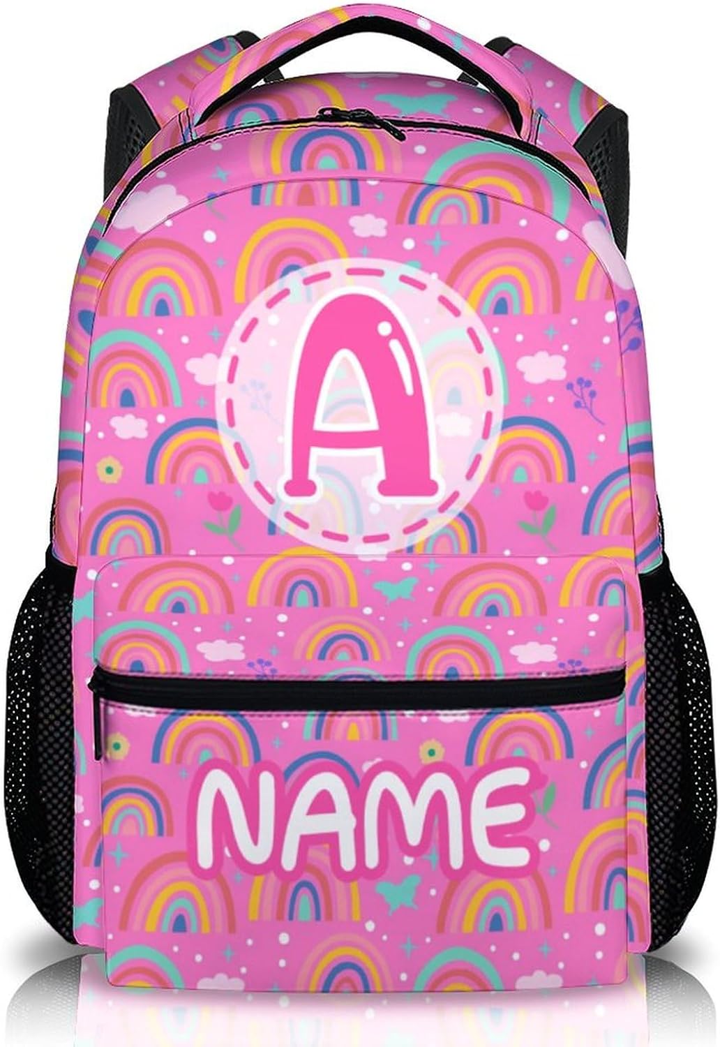 School Backpacks for Kids Girls Personalized Rainbow Backpack with Name for Preschool Elementary, 17 Inches Large Capacity Casual Initial Monogram Bookbag for Camping Travel