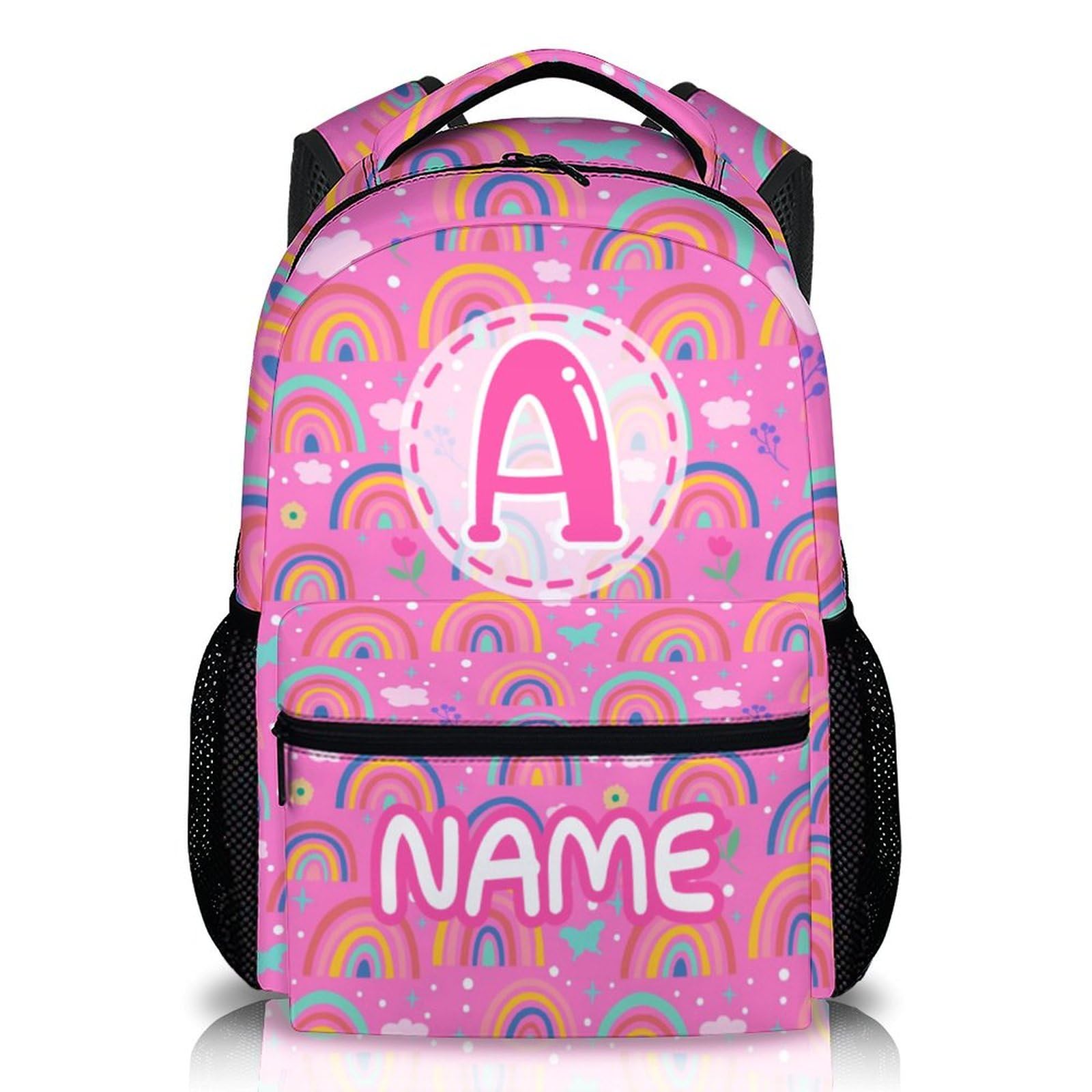 KAXVZER School Backpacks for Kids Girls Personalized Rainbow Backpack with Name for Preschool Elementary, 17 Inches Large Capacity Casual Initial