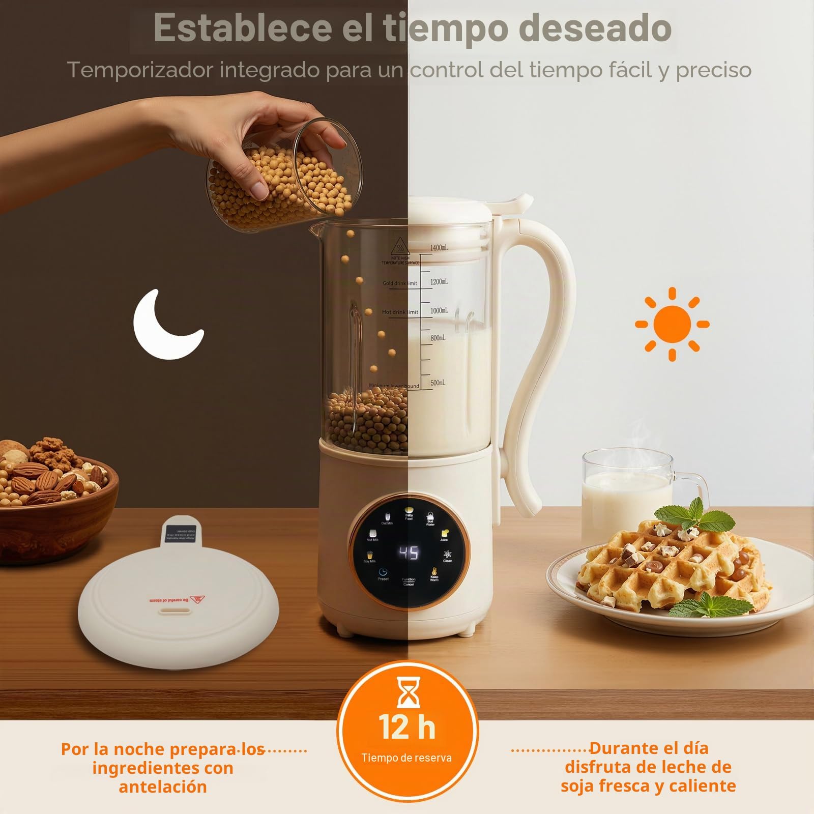 Máquina de Leche Vegetal 1.4L con Pantalla LED 16 Cuchillas Cepillo et Taza de Medición Automática para Leche de Soja Avena Almendras Yogur Milk Maker puede Aplicar Calor o Frío