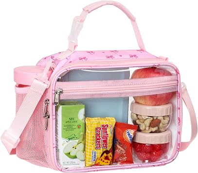 PACKISM Clear Lunch Bag for Girls - Reusable Heavy Duty Clear Lunch Box for School with Adjustable Shoulder Strap, Transparent Stadium Approved Lunch Snack Bag for Work Travel Picnic, Pink Bow
