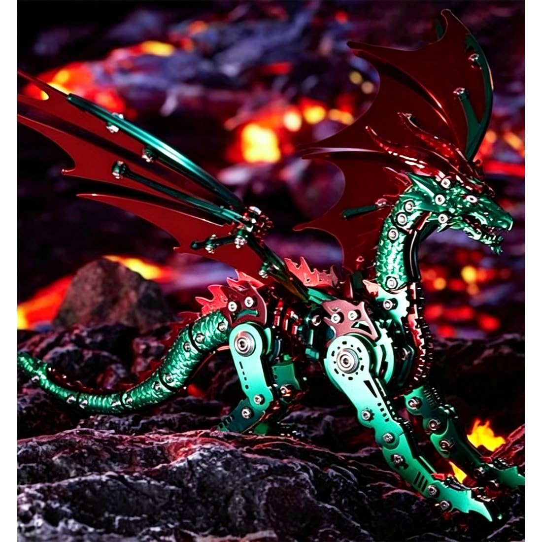 Rompecabezas de metal 3D para adultos, kit de bricolaje para dragón mecánico, regalo único para decoración de escritorio (rojo verde)