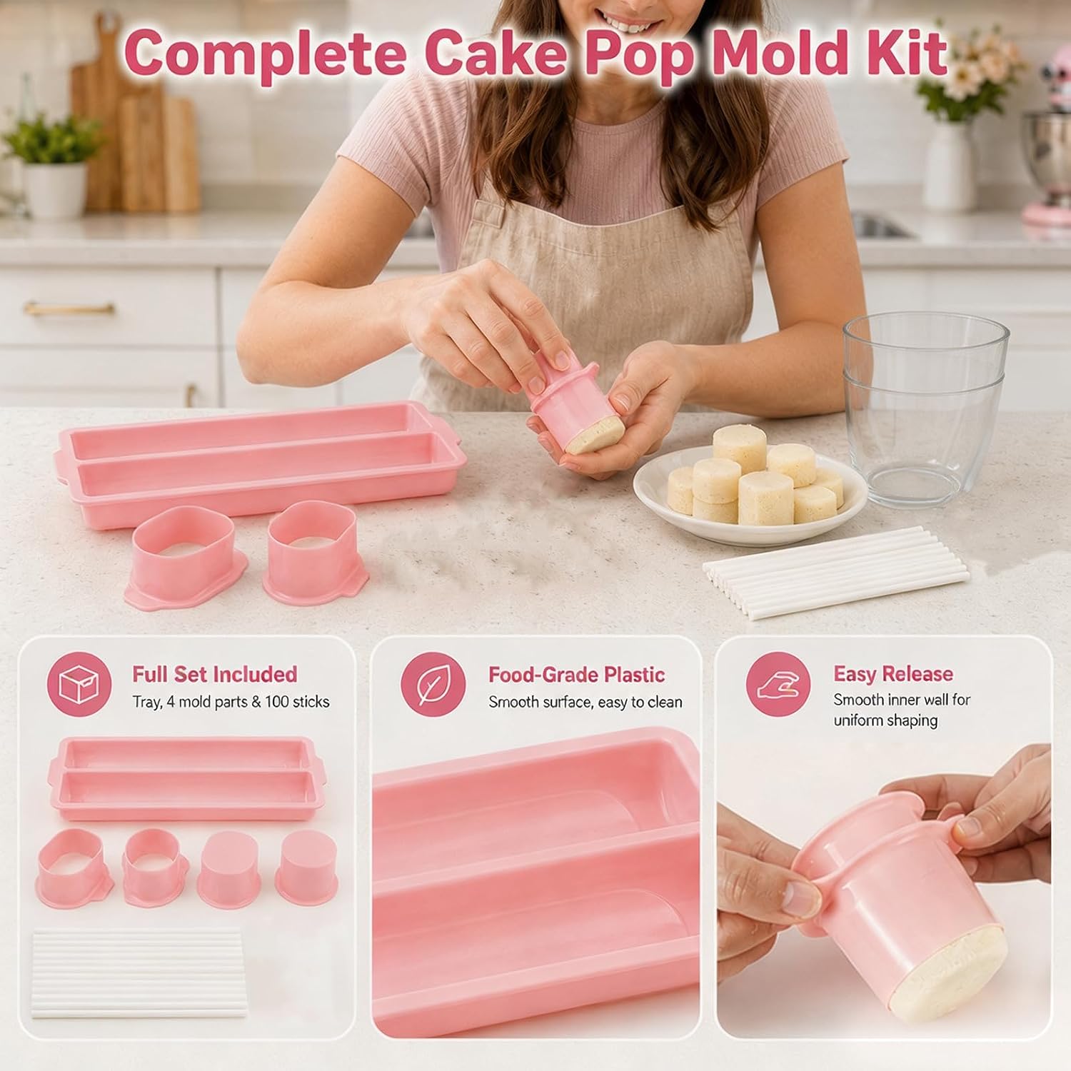 Round Cake Pop Mold Set, Cakesicle Mold with 9in Tray and 100 Sticks, Cakesicle Cutter Kit for Home Baking, Birthday Parties, Wedding Desserts, Baby Shower
