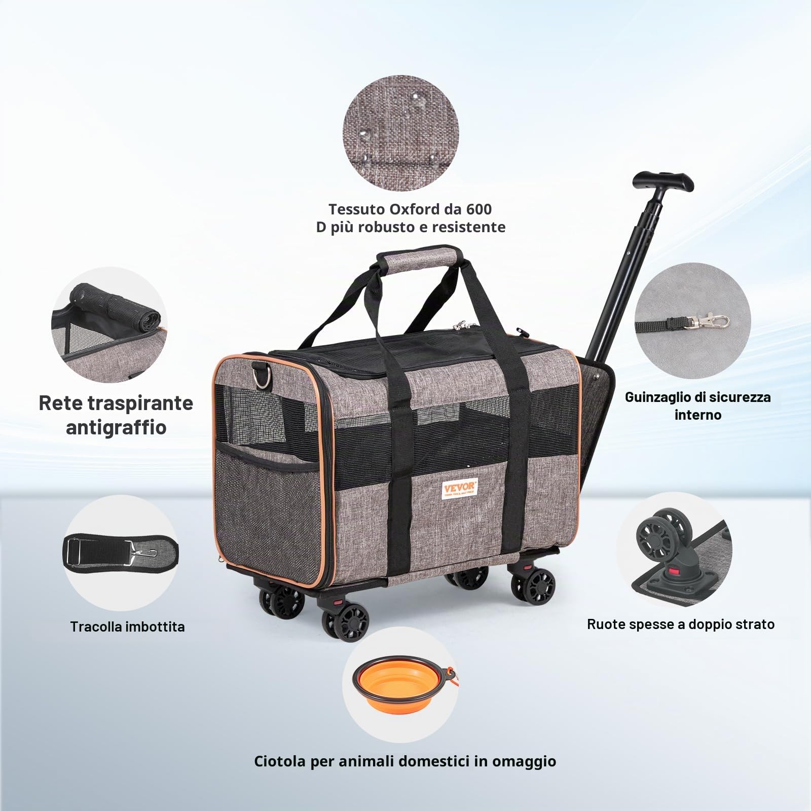VEVOR Trasportino per Cani e Gatti con Maniglia Telescopica e Ruote, Carico Massimo 9,9 kg Borsa Porta Animali Domestici Approvato dalla Compagnia Aerea, Tessuto Oxford 600D Cerniera Autobloccante