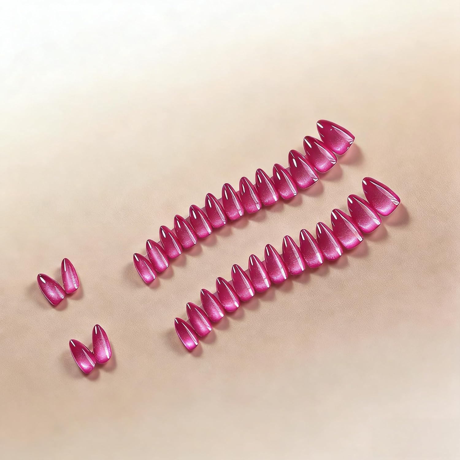 SXVME Hot Pink Cat Eye Press On Nails Almond, 30 Pcs Chrome Fake Nails Medium with Nail Glue, Shiny Glitter Glue on Nails, Reusable Stick On Nails Kit for Women, Natural Full Cover Nail, Fushia