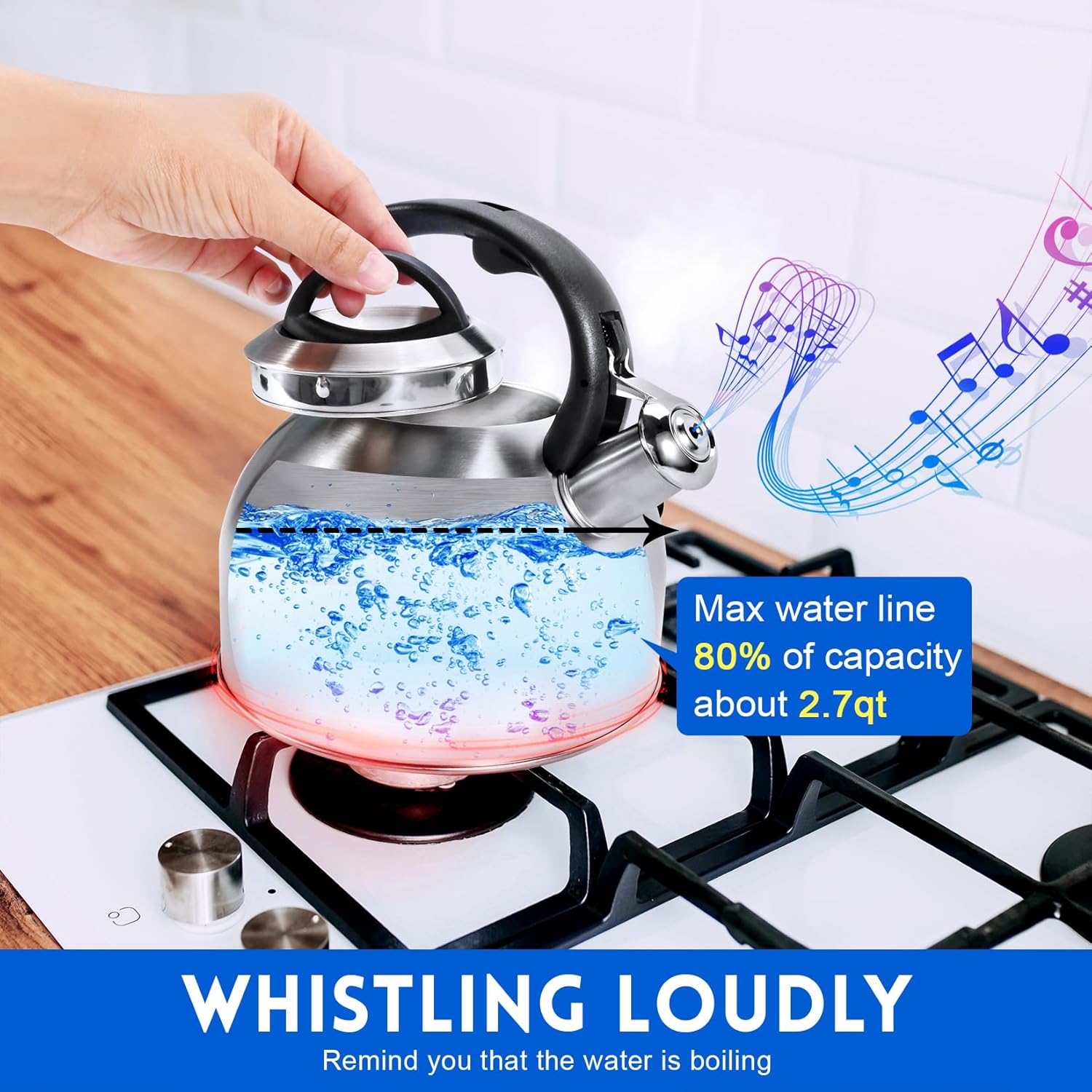 GGC Whistling Stove Top Tea Kettles, 304 Stainless Steel Tea Kettles with Anti-Heat Handle, 2.7QT/3L Tea Pot for Boiling Water, Coffee or Milk
