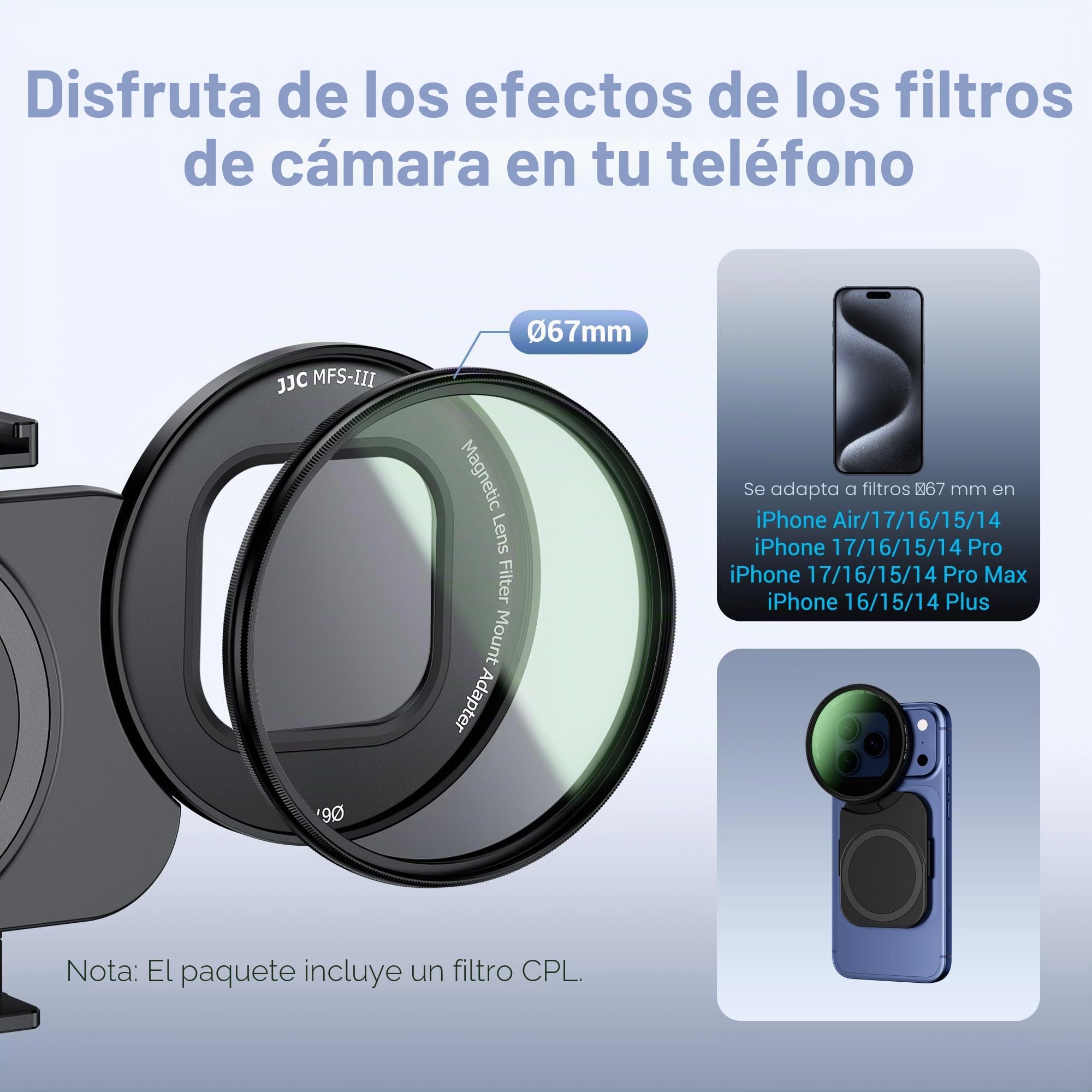 JJC Adaptador magnético de montaje de filtro de lente de teléfono de 67 mm con filtro CPL para iPhone 17/16/15/14 Pro Max, 17/16/15/14 Pro, 17/16/15/14 Plus, 17/16/15/14, kit de filtro CPL para iPhone