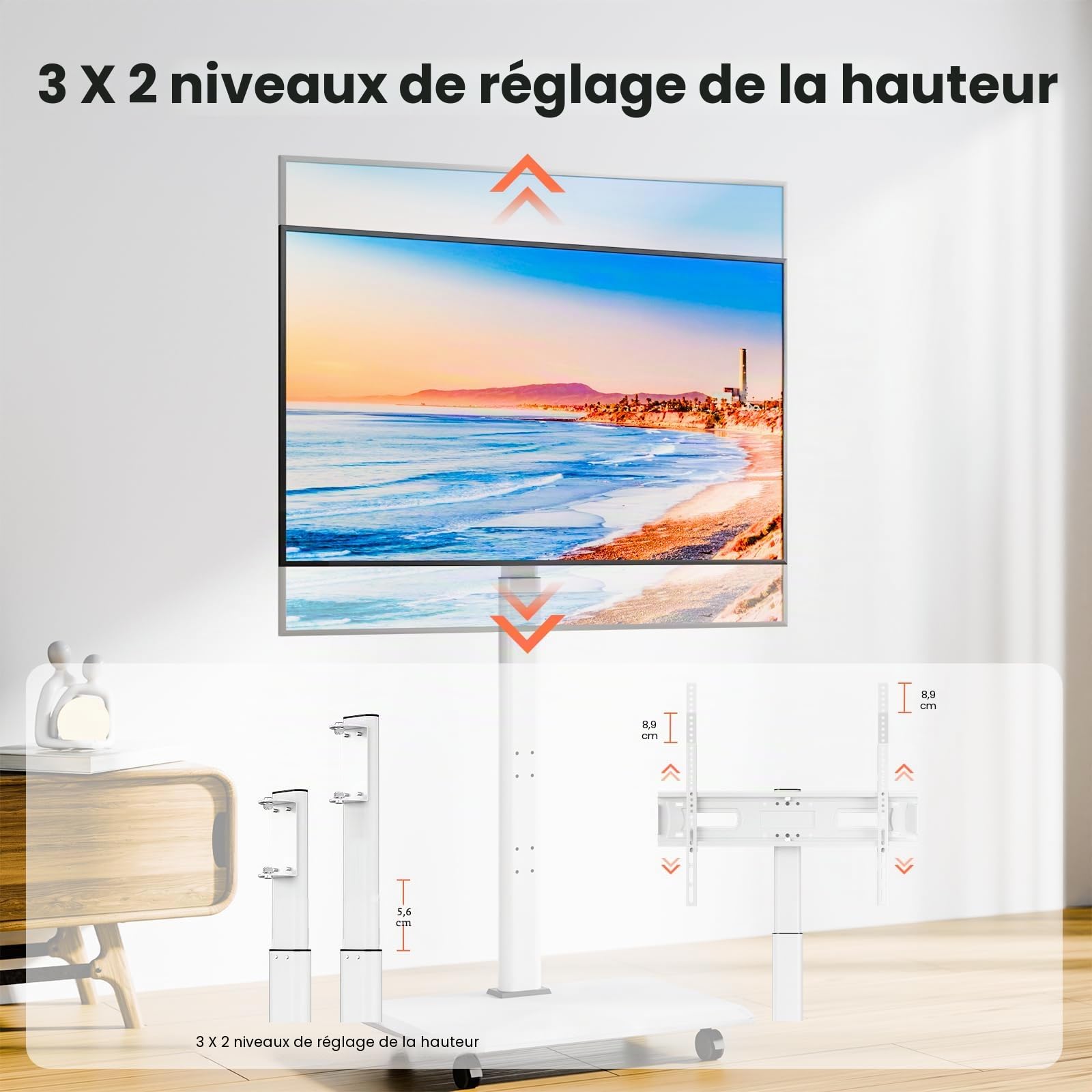 NearHub Support TV sur Pied pour TV 26-70 Pouces, Support TV roulettes Réglable en Hauteur (6 Niveaux), Rotation ±25°, Charge Max 40 kg, Norme VESA 100x100mm-600x400 mm, Blanc