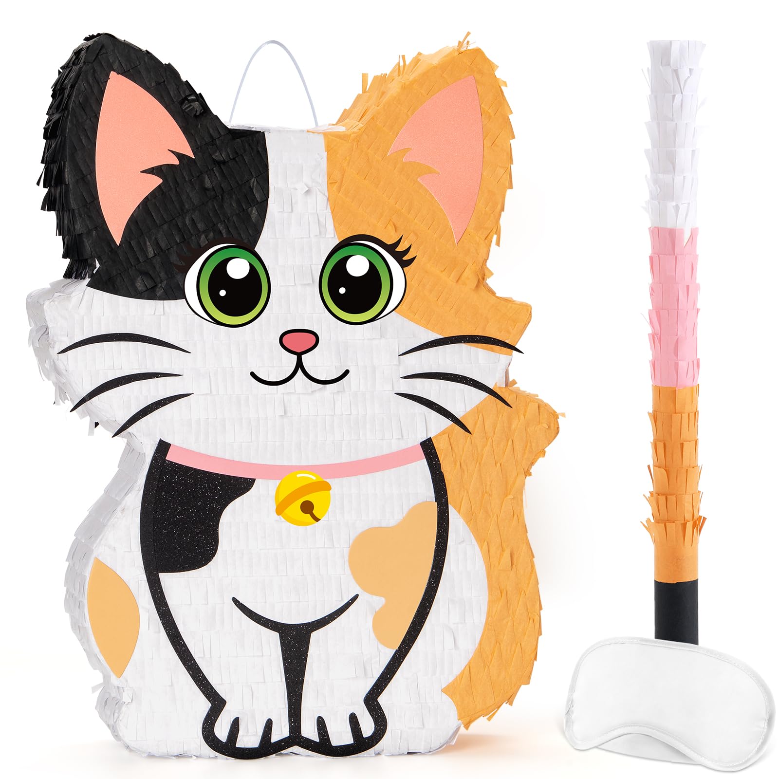 Wernnsai Kitten Cat Piñata - Cat Kitten Decorations For Kids Girls Birthday Cute Animal Party Game For Cat Lady KittenParty Supplies Favor With Bat Blindfold 16“ x 12.5" x 3" — image 1