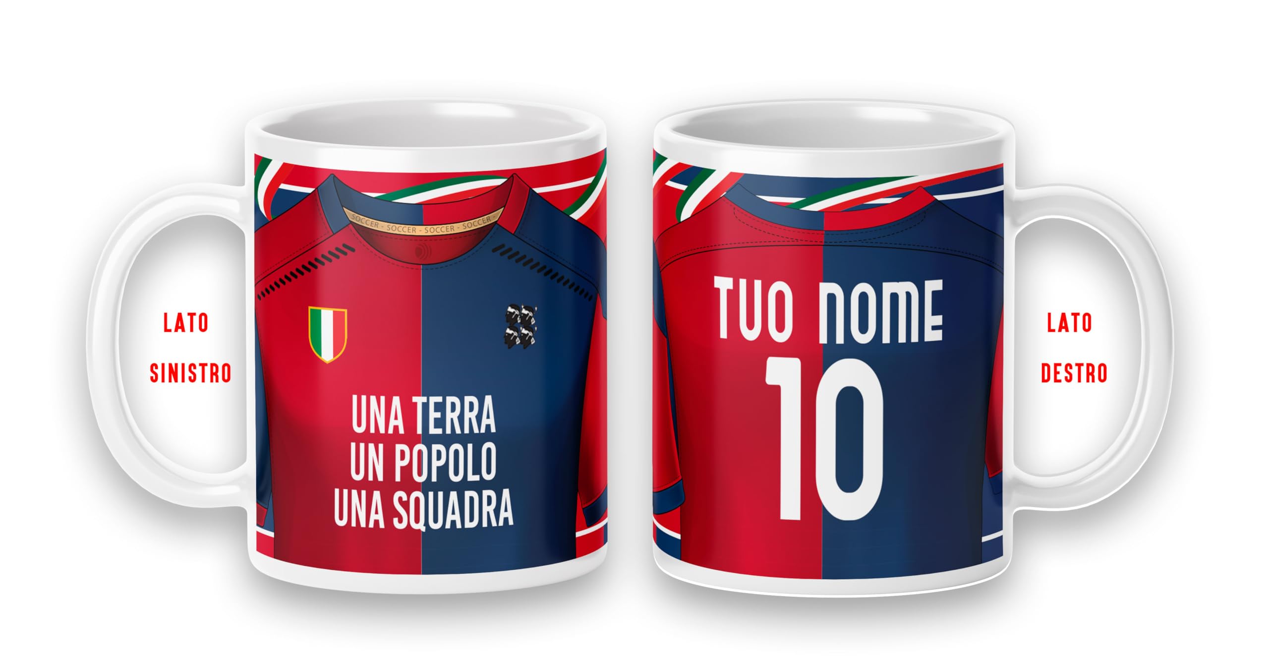 Tazza Mug colazione personalizzabile con nome numero idea Regalo x tifoso disegno maglia squadra del cuore Gadget compatibile (Una terra un popolo una squadra, Cuore Rossoblu Città di Cagliari)