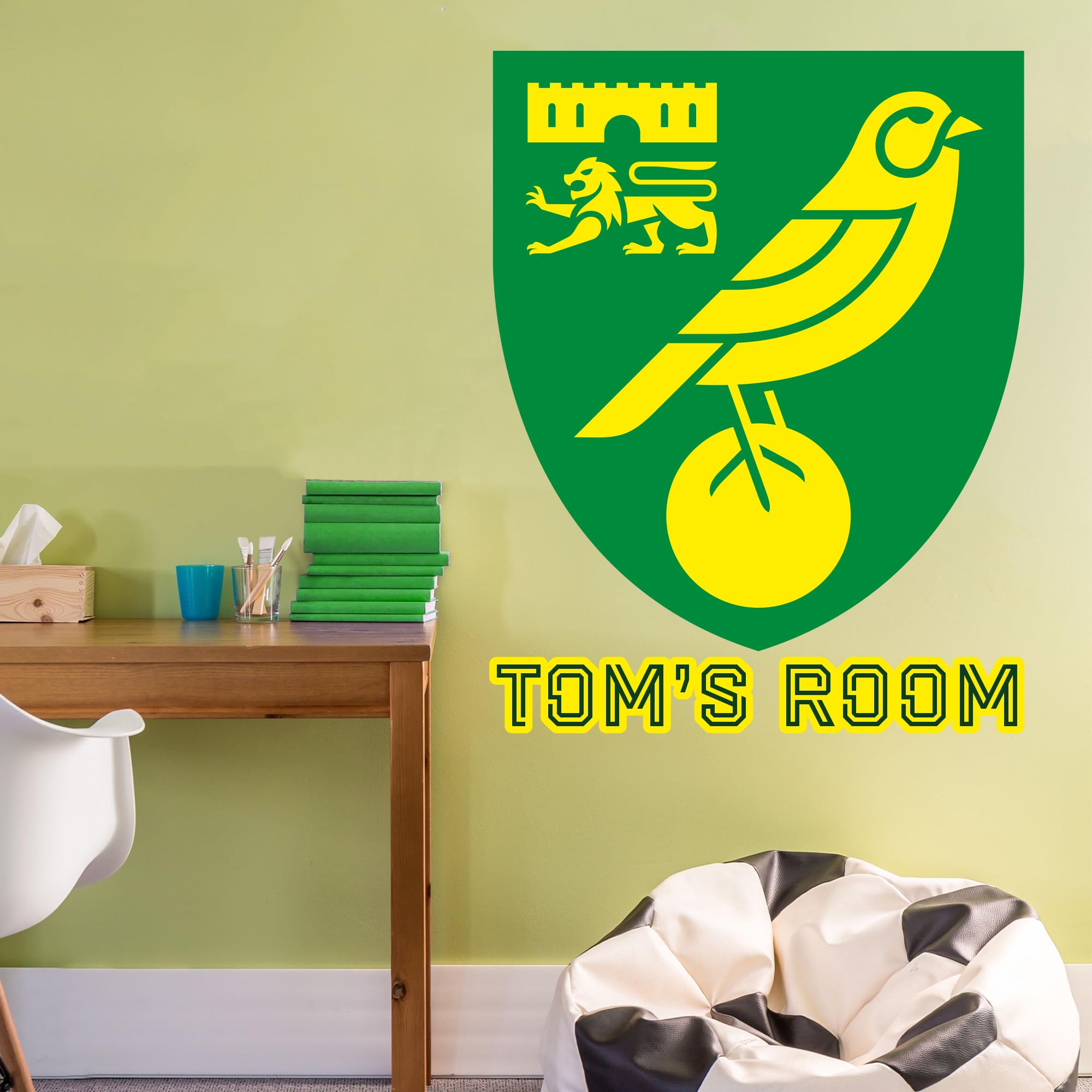 Beautiful Game Norwich City Wall Sticker Personalised Name & Crest Mural Art + Norwich Football Club Bedroom Crest Decal Set (60Cm Height)