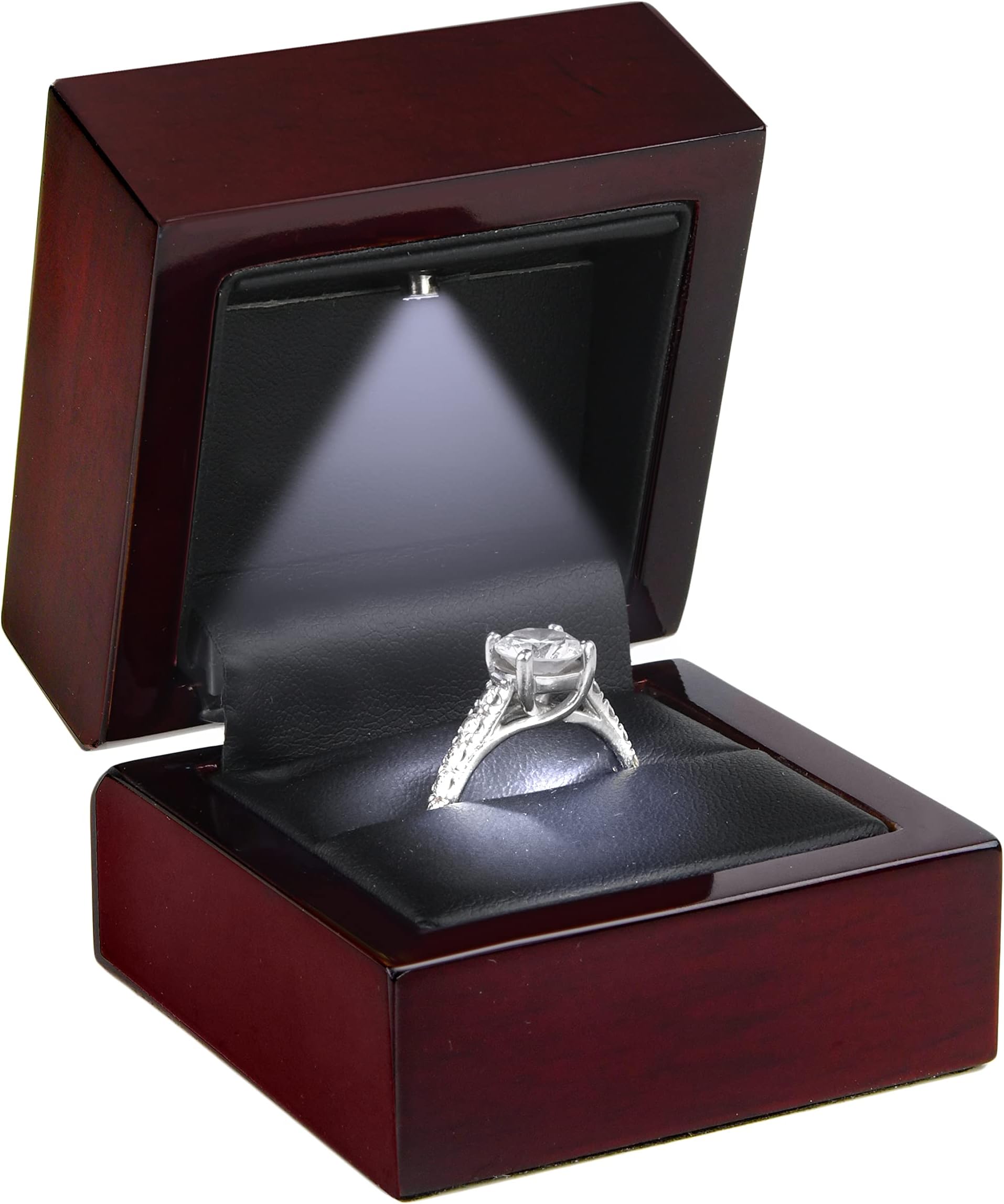 Allure - Luxury Ring Box With LED Light, Authentic Mahogany Wood With Black Leatherette Insert, Square Elegant Diamond Ring Case, For Unique Proposal Or Wedding, Small Jewelry Display Gift Box.