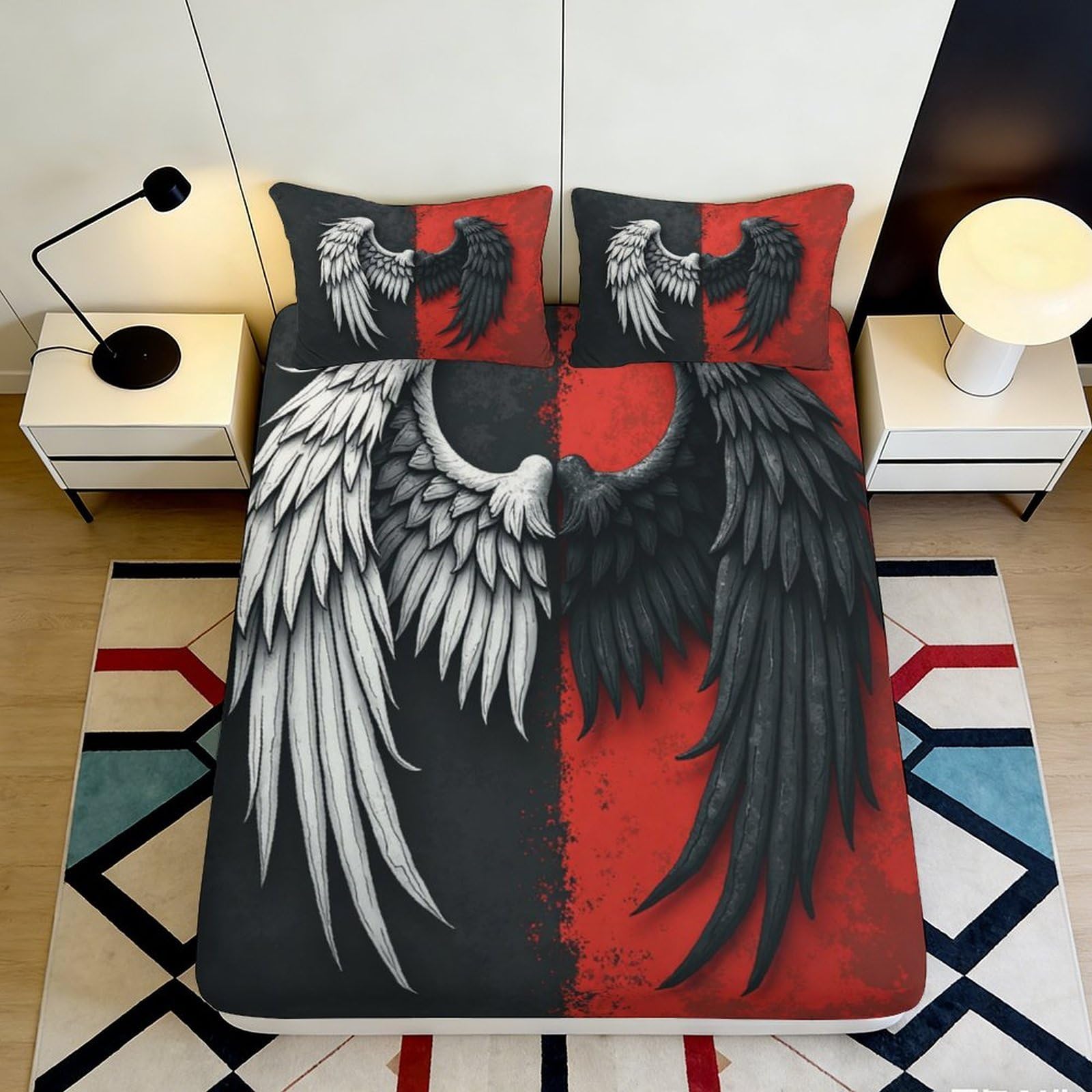 3D Printed Angel Wings Fitted Sheet Microfiber Soft Black Red Bedroom Decor Gothic Mattress Cover 90x200x25cm