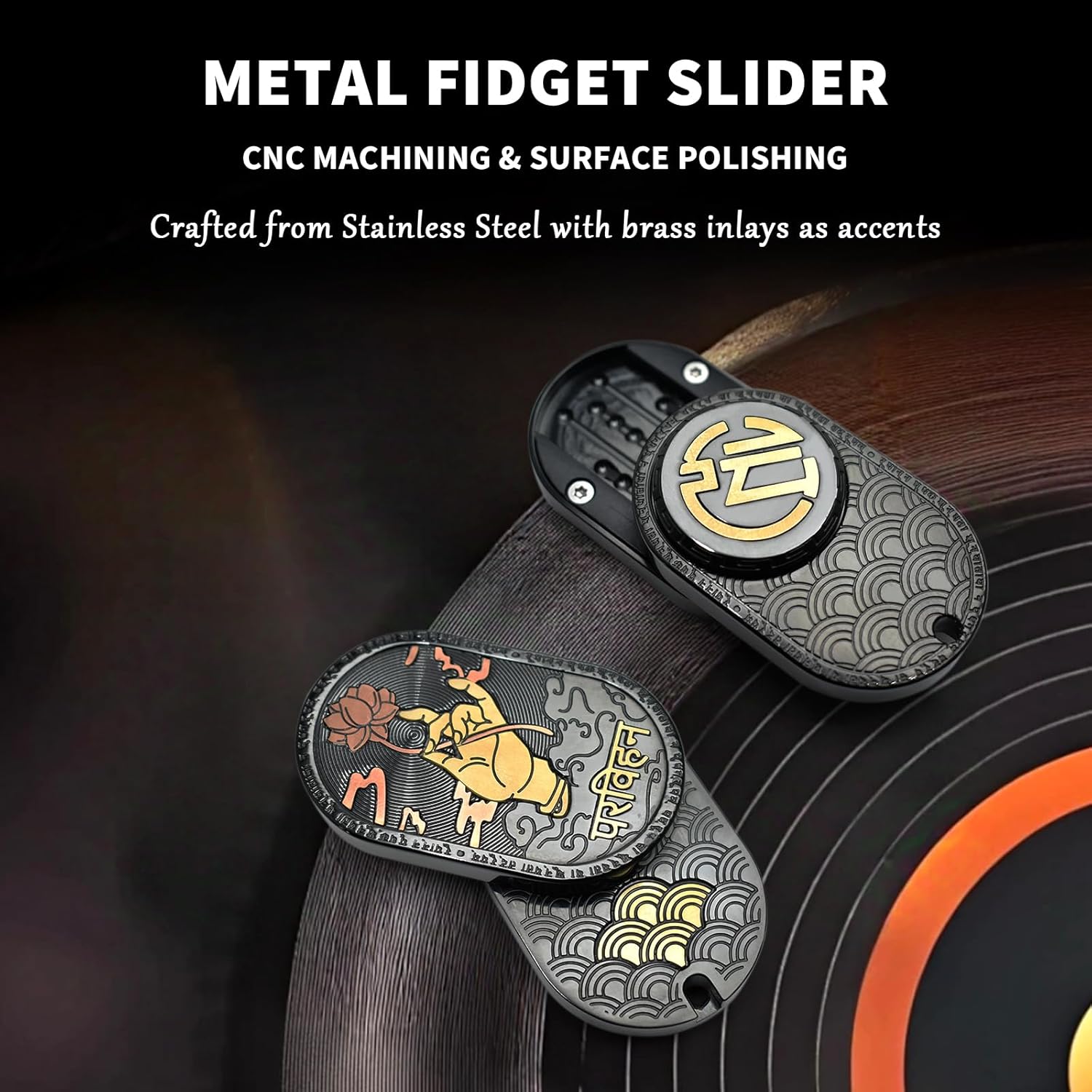 Buddha Hand Fidget Slider, Stainless Steel Zen Fidget Toys Adults with Coin Spinner, Home & Office Executive Desk Toy for Keep Focus & Anxiety/Stress Relief (Black)