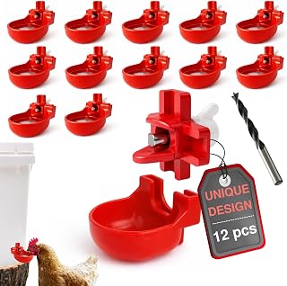 Heavy Duty 12-Pack with Cups Chicken Water Nipples Automatic Chicken Waterer Nipple Horizontal Leak Proof Stable for Poultry Coop Quail Chicks Turkeys Peacocks and Fits 5-Gallon Bucket, PVC Pipes