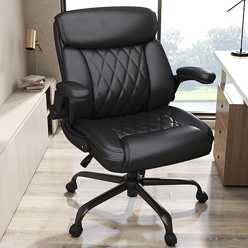 Executive Office Chair, Comfy Leather Ergonomic Home Computer Desk Chair with Lumbar Support and Flip-up Arms, 360 Swivel and Adjustable Height, Mid