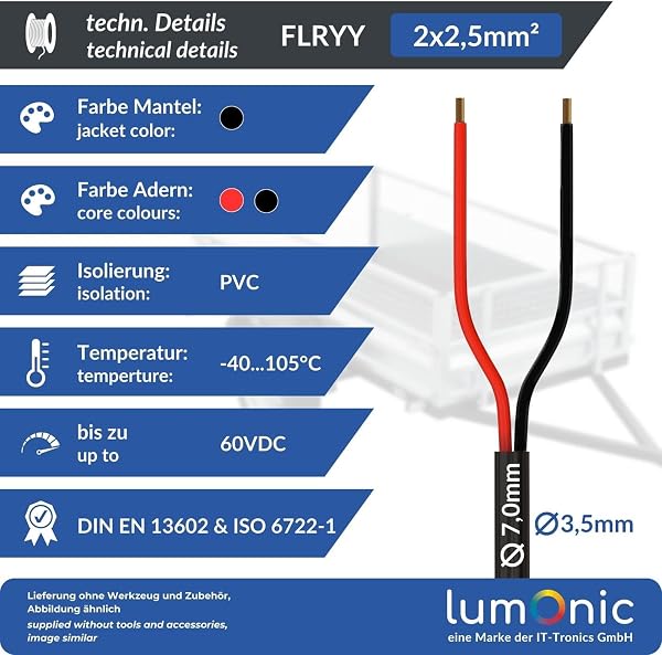Lumonic 20m FLRYY Câble de véhicule 2x2,5mm² Noir | 2 Fils | Câble de remorque | câble Automobile multiconducteur | Résistant aux huiles et aux carburants, Ignifuge | Basse Tension - 3