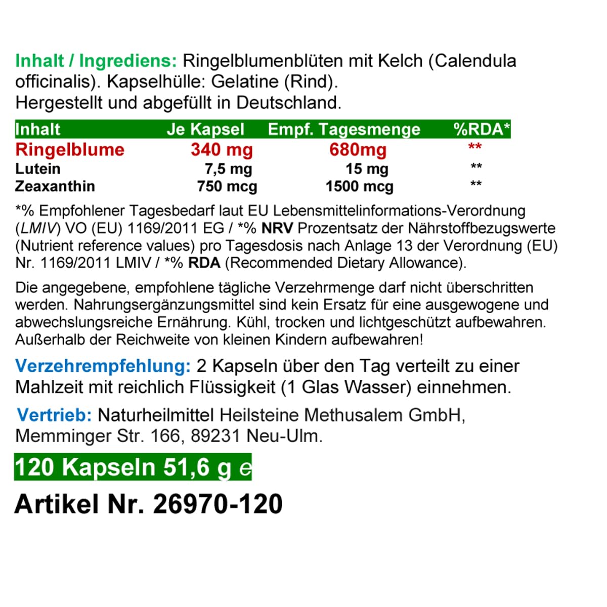 RINGELBLUME AUGEN Vitamine Lutein & Zeaxanthin Sehkraft VITAL COMPLEX + Netzhaut Maculapigmente - 360 (3x120) Kapseln - Natur pur - OHNE ZUSATZSTOFFE. 26970-3