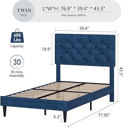Miniatura 60 de BarnFurin Base de cama de tamaño matrimonial con cabecero, cama de plataforma tapizada con cabecera capitonada con botones ajustables, marco de cama