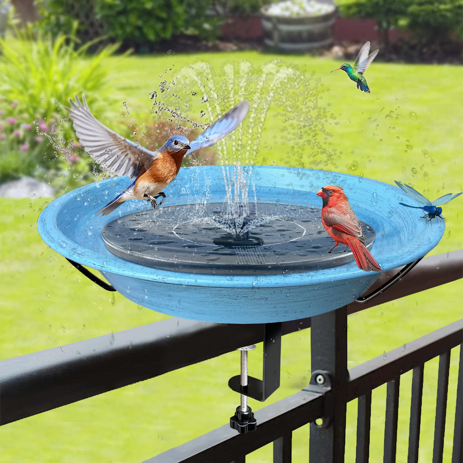 WANGIRO Vogeltränke Für Balkon & Garten (30,5cm) - Deckmontiert Mit Klemme, Blau, Aus Metall