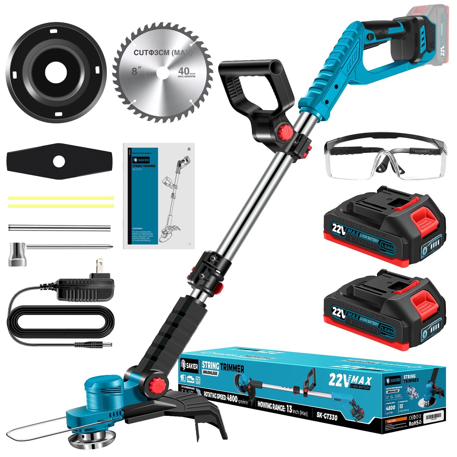 Photo 1 of Saker String Trimmer Cordless Electric, Weed Wacker Battery Operated with 2X22V Batteries, 13 inch Weed Eater Cordless with Brushless Motor, Weed Wacker Electric for Home Garden and Yard