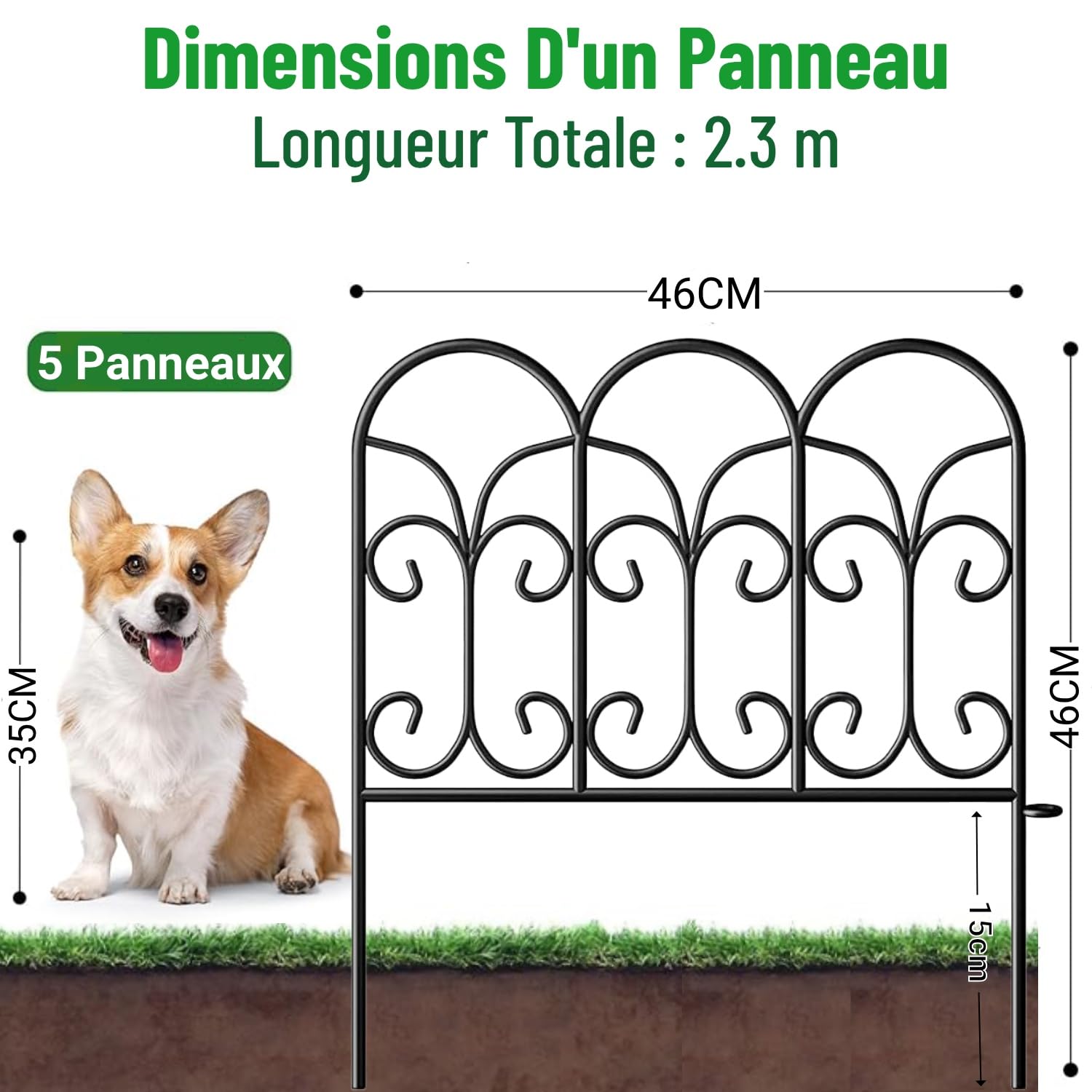 Amagabeli Clôture de Jardin en Métal 46cm(H) x 46cm(L) (5 Panneaux, Longueur Totale 2.3m) Creusage Barrière pour Animaux Clôture Métallique Décorative pour Chien Cour Terrasse Extérieur Noir