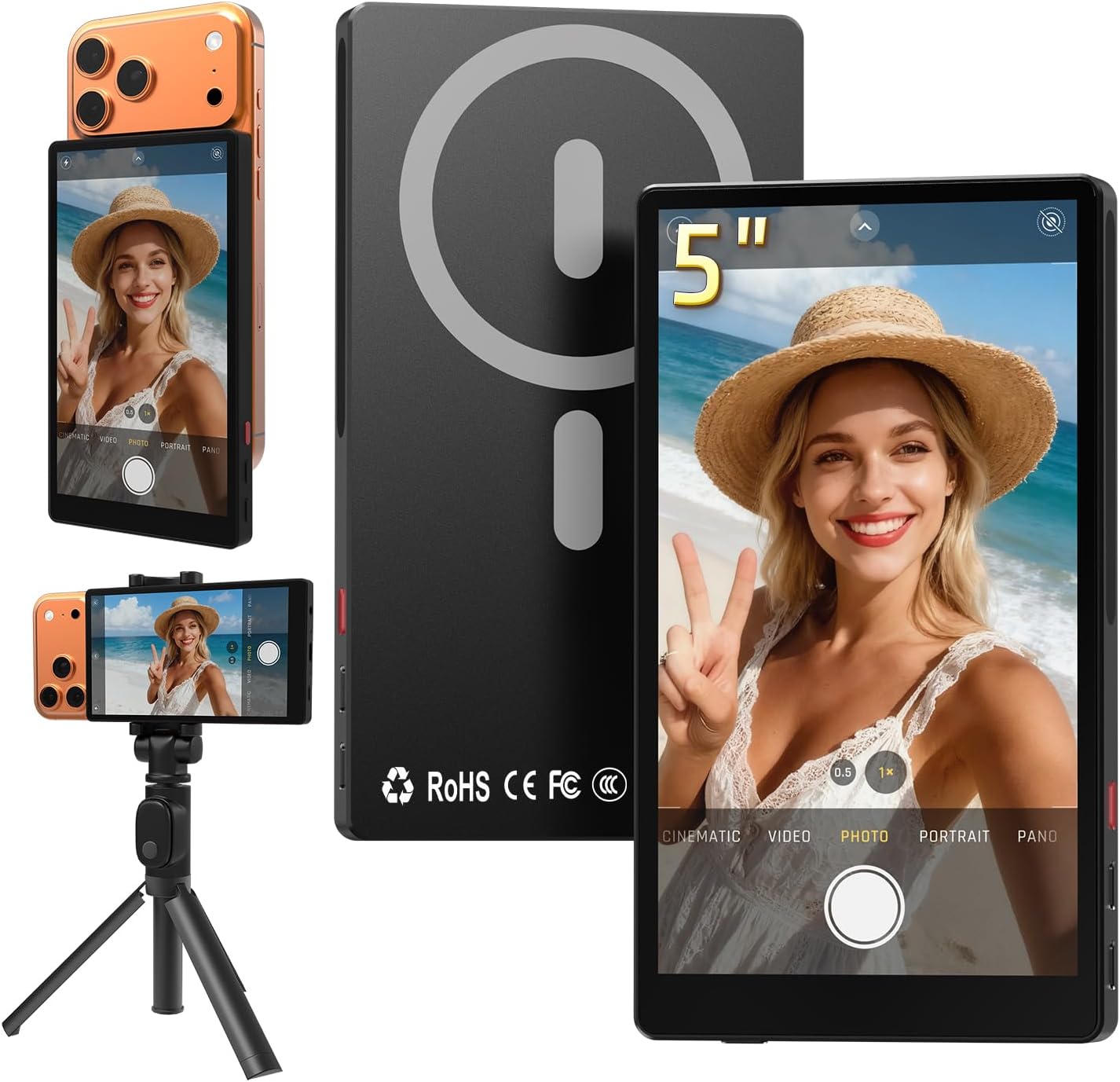 5" Large Vlog Selfie Monitor Screen for iphone17, 4K 2600mAh, No Latency, 90feet Signal Range, Wireless Back Camera Monitor for iPhone & Android, Sync Rear Camera for Live Stream&TikTok