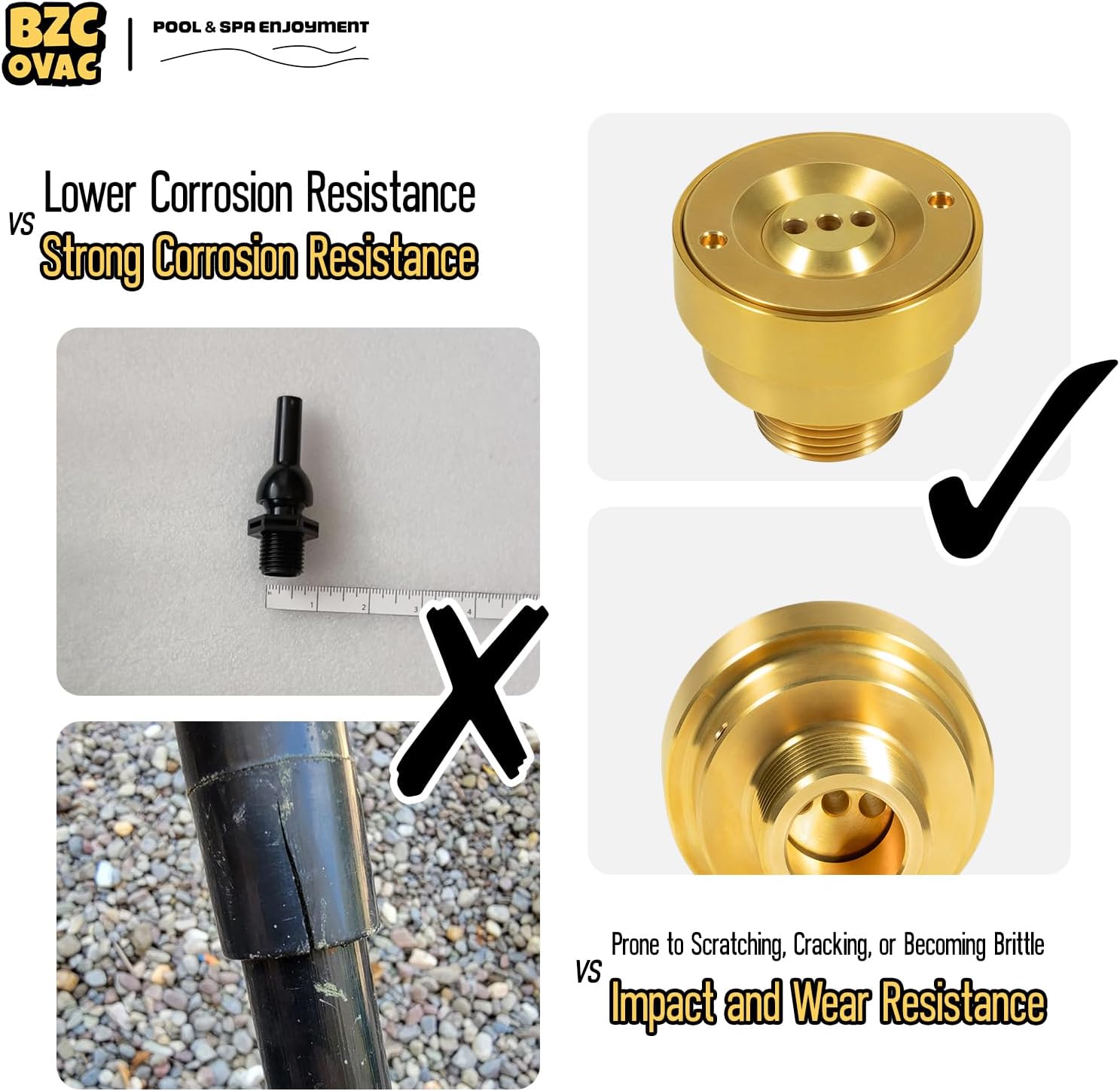 Brass Deck Jet Fountain Nozzle, 3-Hole Pool & Spa Water Feature with Grounding Lug, 1'' Male Thread
