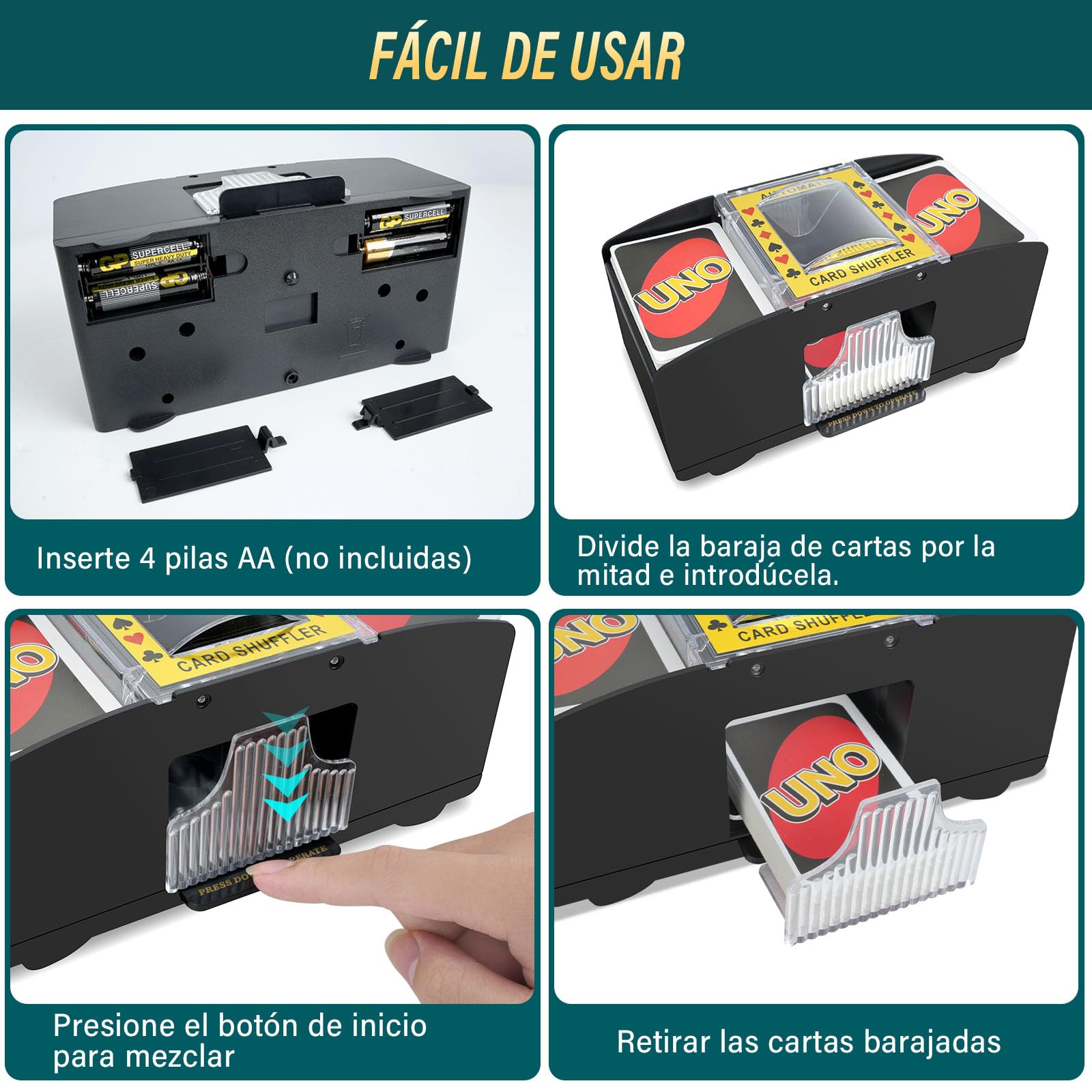 Barajador de Cartas Eléctrico, Repartidor de Cartas Automático para 1-2 Barajas, Mezclador de Cartas Automático para Reuniones Familiares, Card Shuffler para UNO, Póker y Blackjack